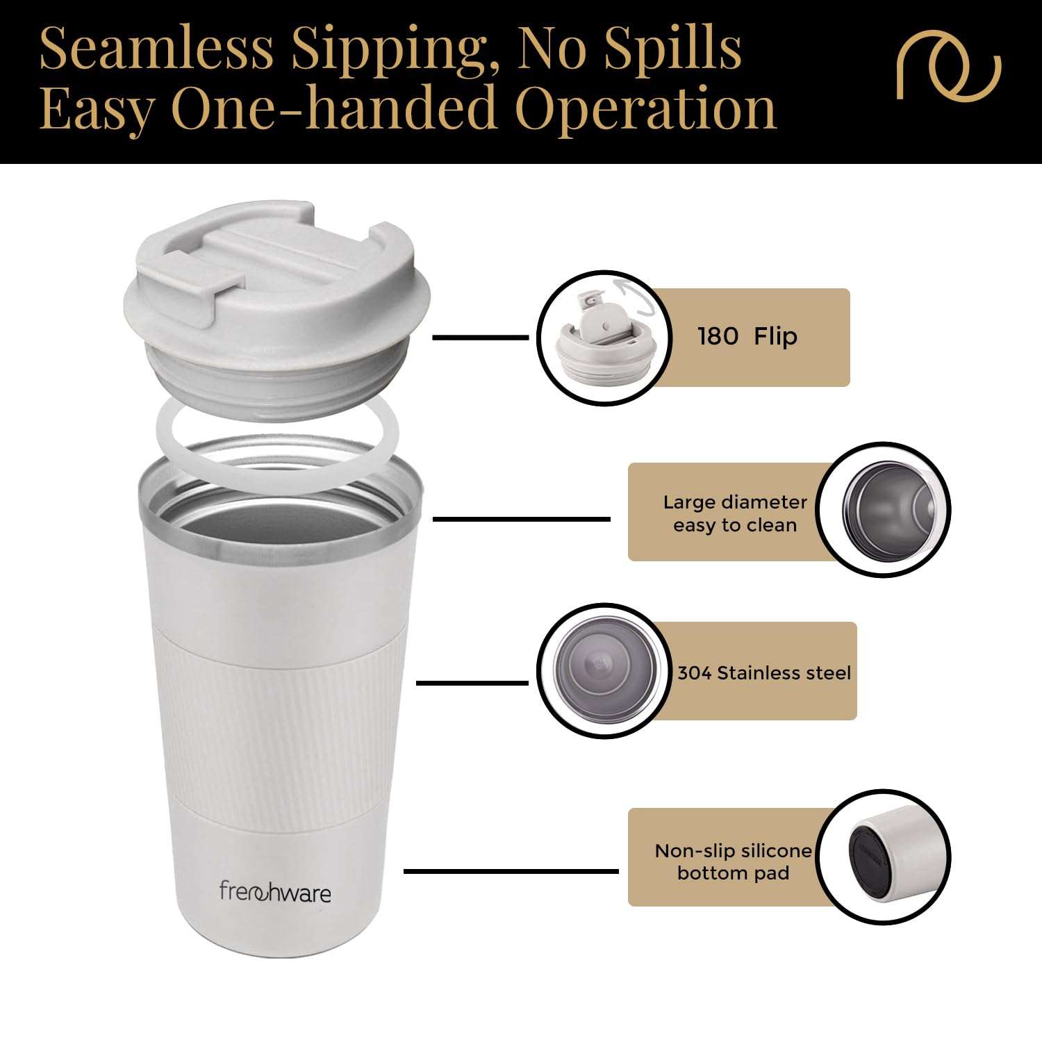 Frenchware Stainless Steel Vacuum Insulated Mug, Travel Coffee Mug with Leakproof Lid, Reusable for Hot & Cold Coffee Water Tea, 3 Hours Hot & 8 Hours Cold, Non-Slip Protective Cover (510 Ml, White) 6