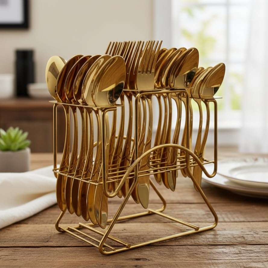 Italica Rose Gold Stainless Steel Cutlery Set of 24+1 Pieces with Stand | Rose Golden Polished Dining Table Premium Cutlery Set, Home & Kitchen with Gift Box | Elegant Kitchen & Home Dining Set.