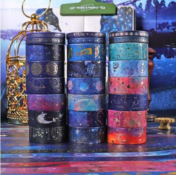 24 Rolls Handmade Decorative Masking Tape for Journaling, DIY Crafts, Scrapbooking - Easy Peel & Stick, Vintage Art Design，Washi Paper，Gift Wrapping, Home Decor - Waterproof, Reusable,Galaxy 5