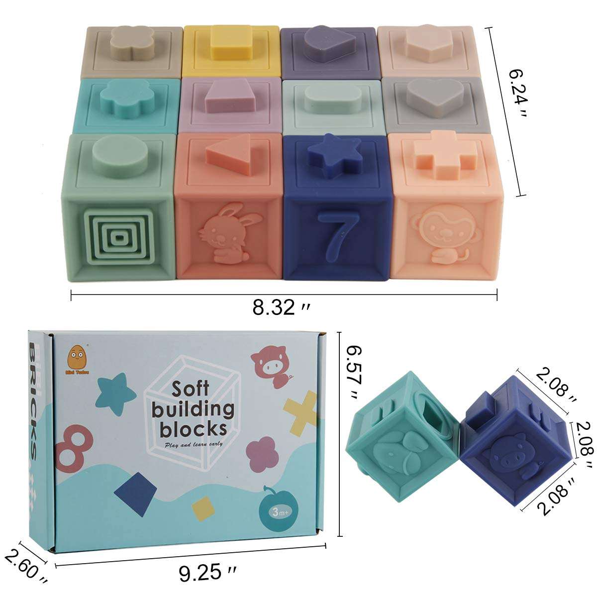 Mini Tudou Baby Blocks Soft Building Blocks Baby Toys Teethers Toy Educational Squeeze Play with Numbers Animals Shapes Textures 6 Months and Up 12PCS 6
