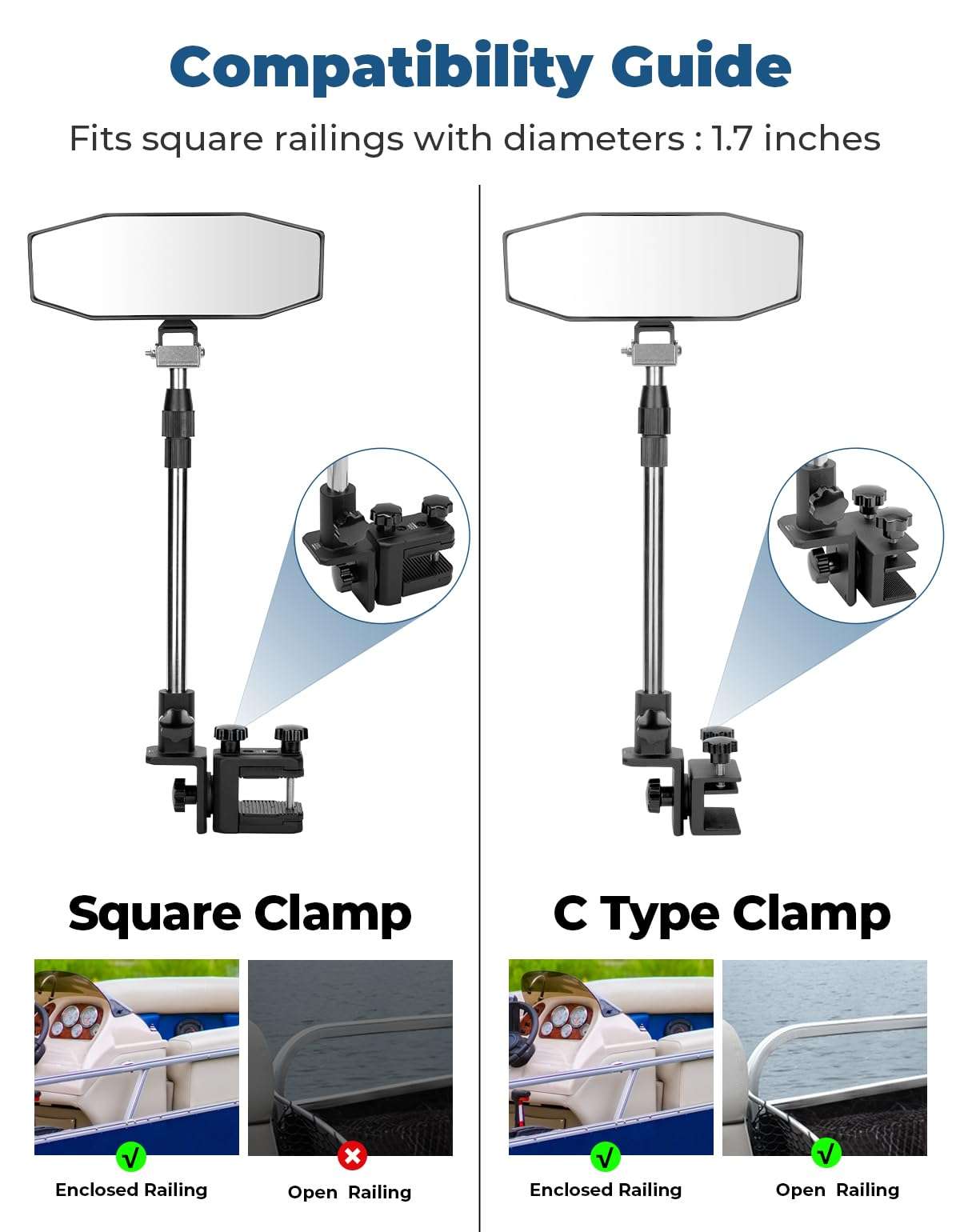 KEMIMOTO Boat Rear View Mirror, Extra Large Marine Mirror with Telescoping Pole 4.5"x8" 360° Adjustable Boat Mirror for Pontoon Boat Ski Boat Water Skiing 6