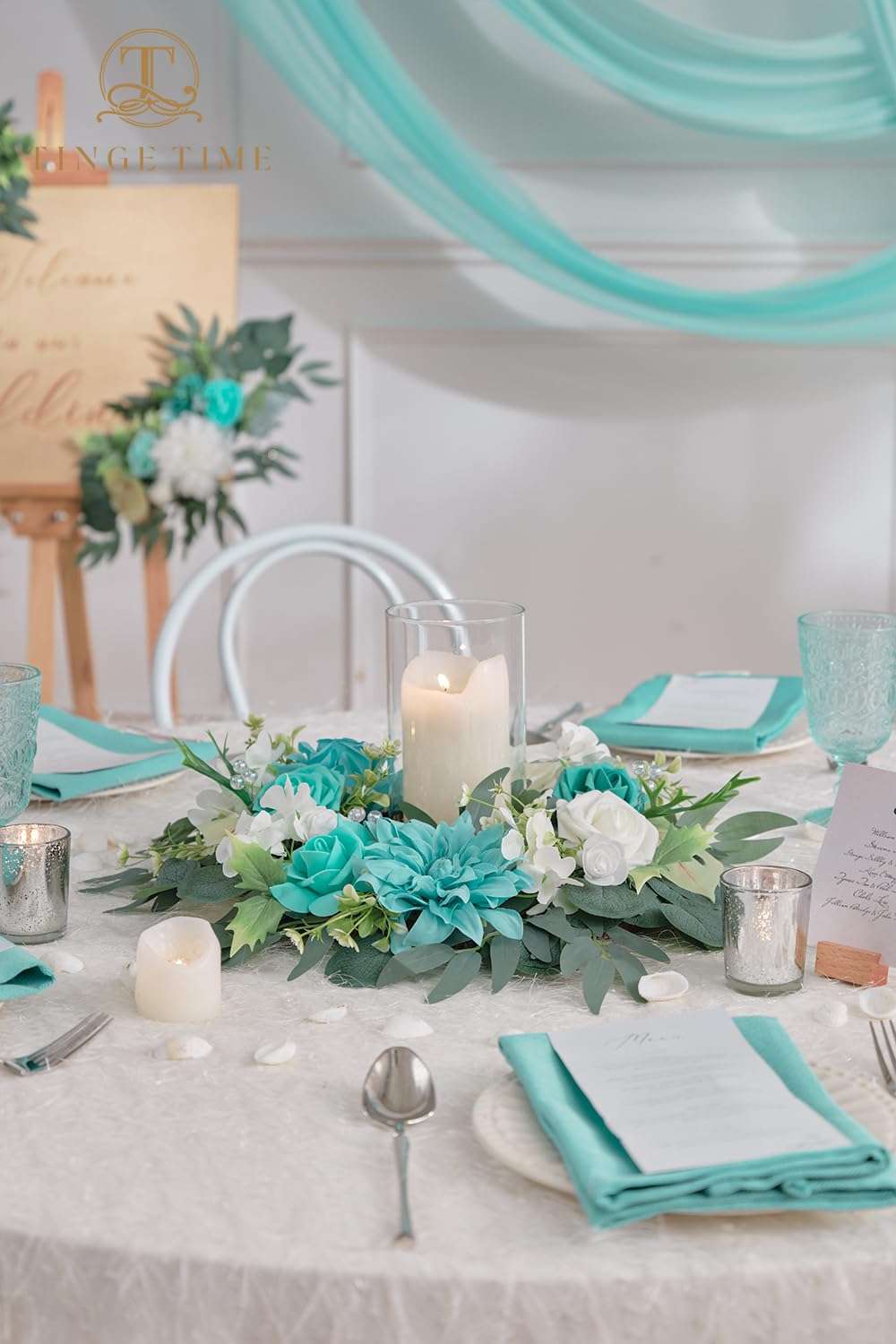 TINGE TIME Aritificial Flowers Candle Rings, 1 Pcs 15inch Diam Teal Blue Fake Rose Wreath Wedding Centerpieces for Tables Summer Garland for Front Door Weddings Party Ceremony Decor 3