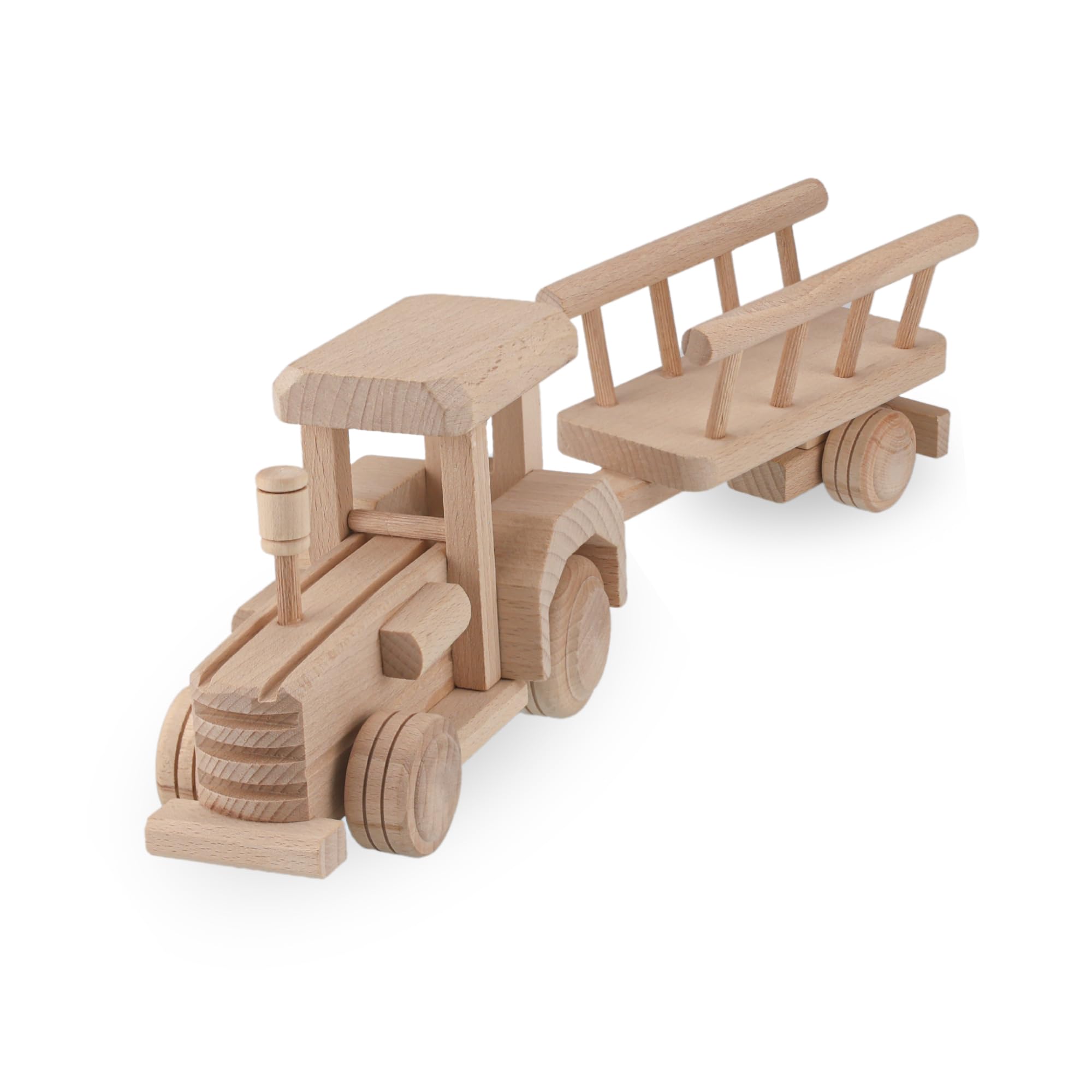 VESPLO Wooden Tractor with Trailer, Farm Toys for Toddlers, Unfinished Wood Toy for Paint, Preschool Educational Games, Handmade in EU, Realistic Shape