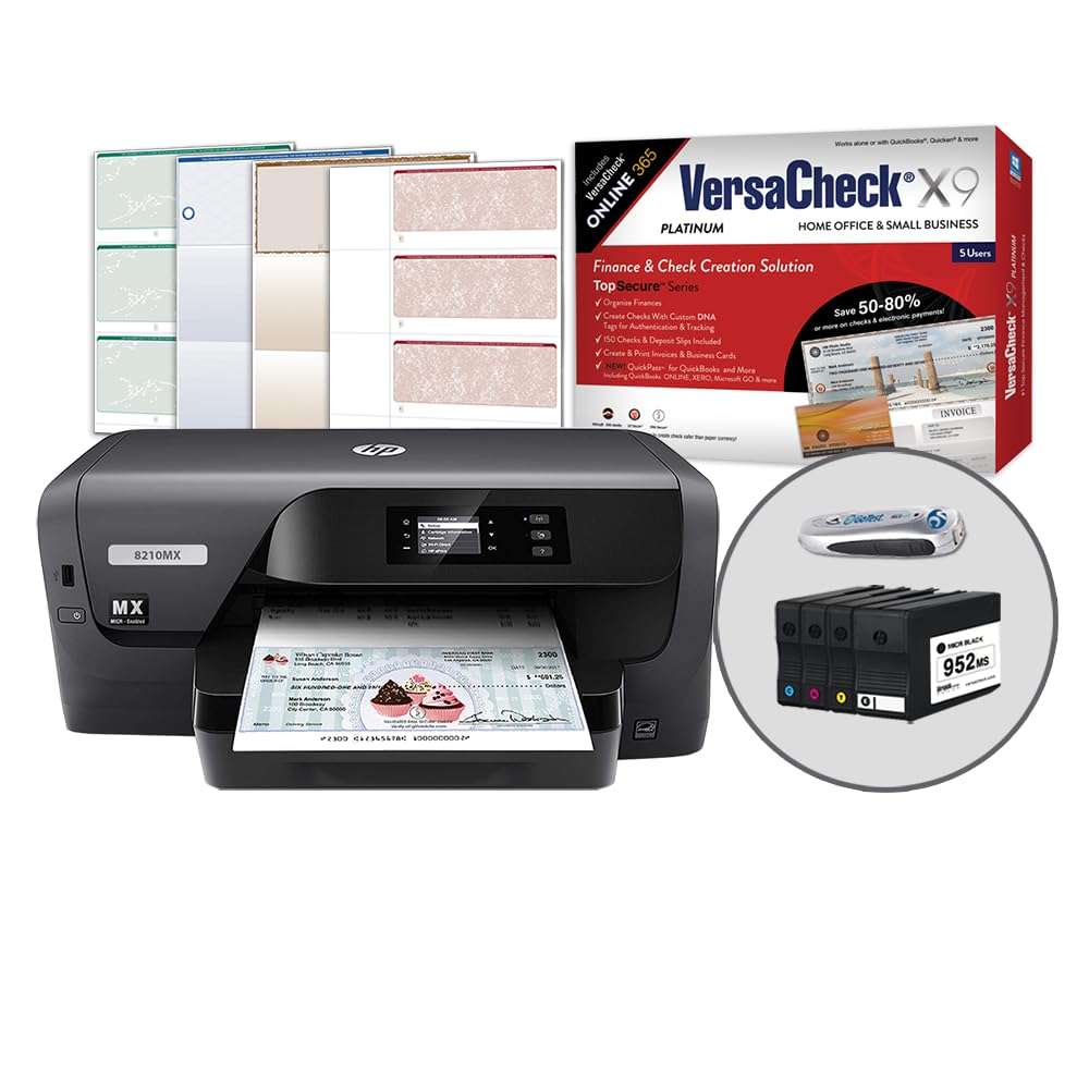 VersaCheck HP OfficeJet Pro 8210 MXE MICR Check Printer X9 Platinum 5-User Check Printing Software Bundle, MICR Black & Color 1