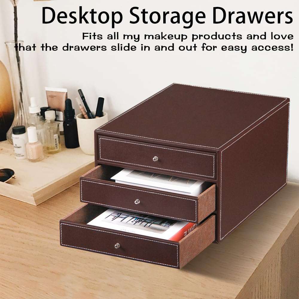 Desktop Organizer with Drawers,3 Drawer Office Desk Organizer,PU Leather Desktop Storage for Office Supplies/A4 Paper/Magazine/Book,for Office School Home 6
