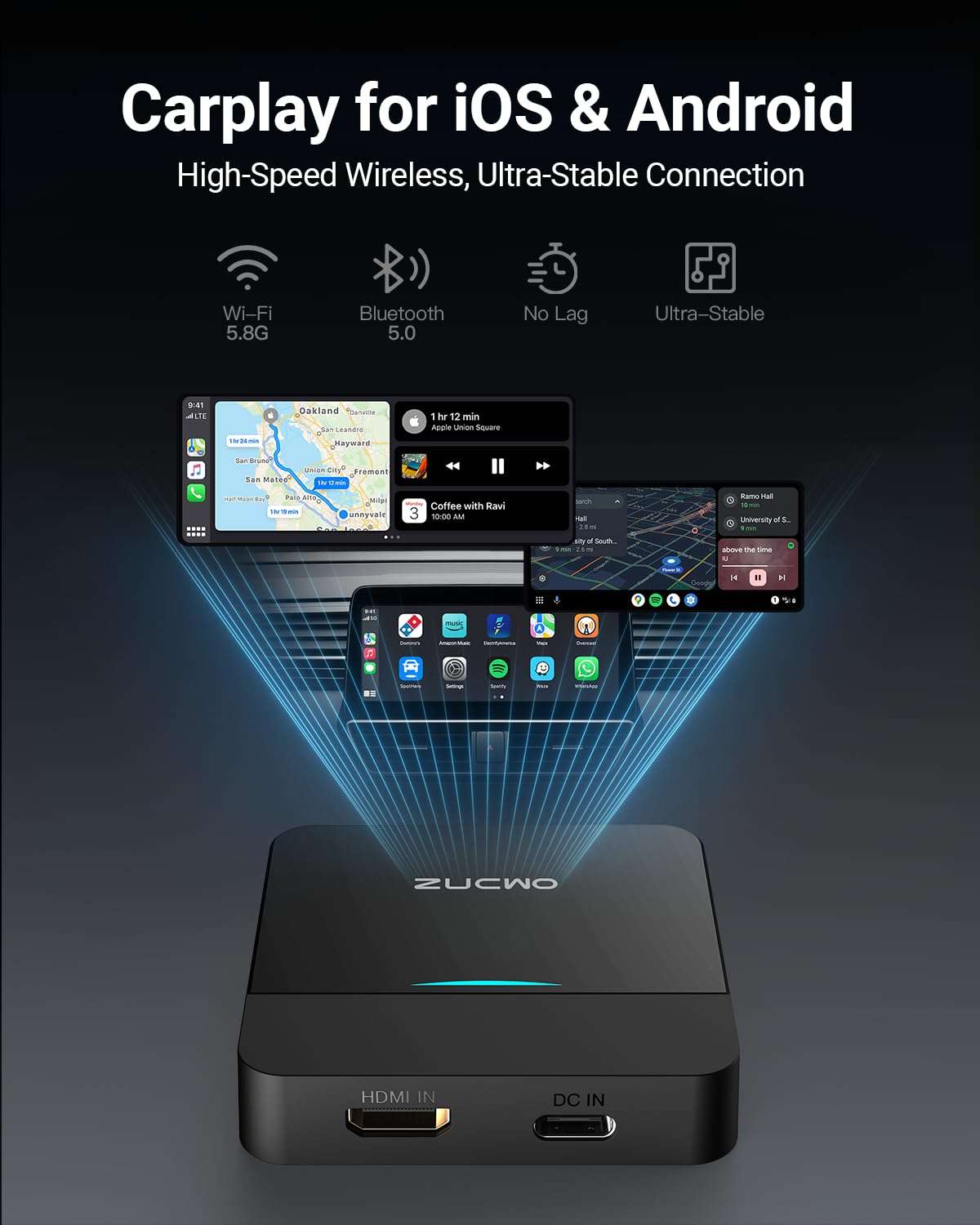 ZUCWO Wireless CarPlay Adapter & Car TV Mate Support Video HDMI Converter for TV Stick/Game Machine, 2-in-1 CarPlay HDMI Multimedia for Cars with Factory Wired CarPlay from 2016, Plug & Play, Black 5