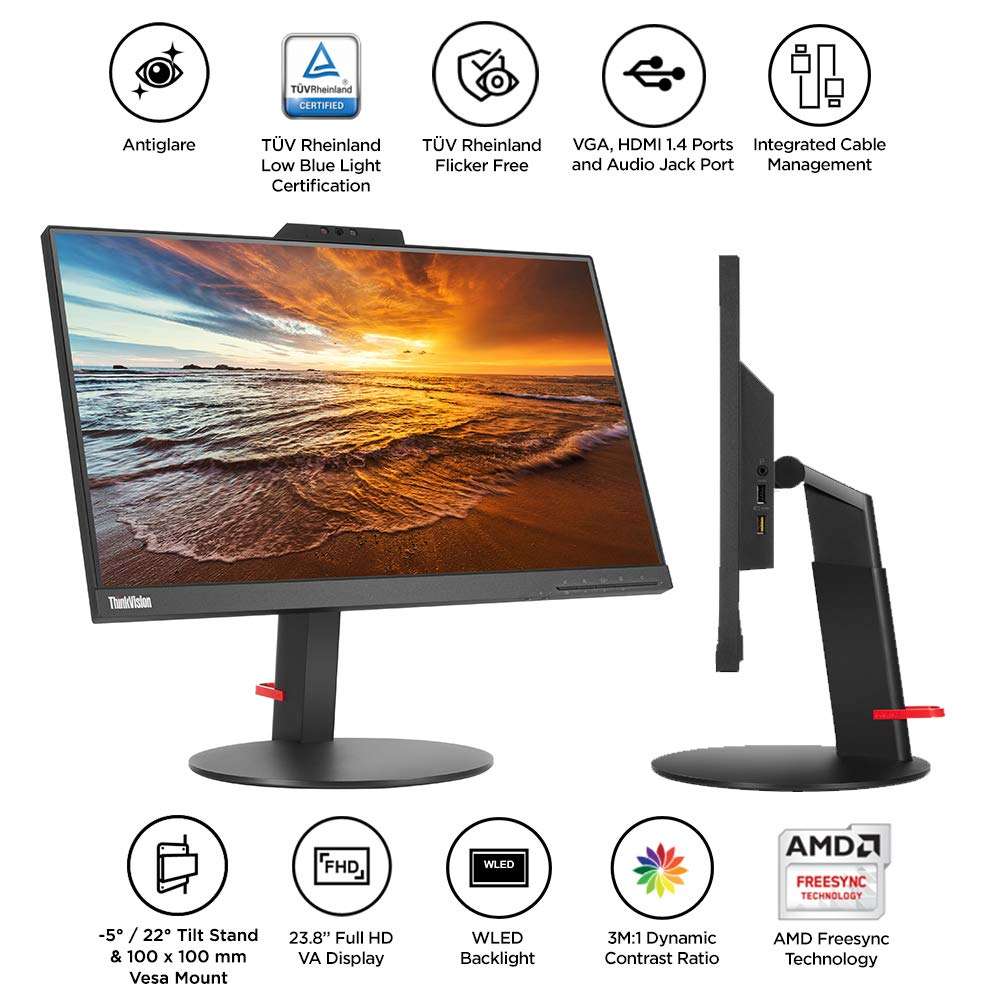 Lenovo ThinkVision T22v-10 21.5 inch LED lit VoIP Monitor - FHD, IPS Panel, Near Edgeless with Full range connectivity - HDMI, VGA, DP ports, USB Hub, fully functional stand with Camera, Speaker & Mic 6