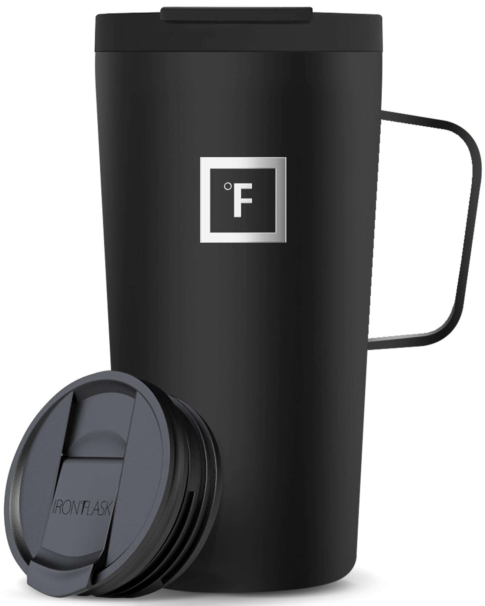 IRON °FLASK Grip Novelty Coffee Mug - Leak Proof, Vacuum Insulated Stainless Steel Bottle, Double Walled, Thermo Travel, Hot Cold, Water Metal Canteen - Midnight Black, 16 Oz - Rubber Bottom 1
