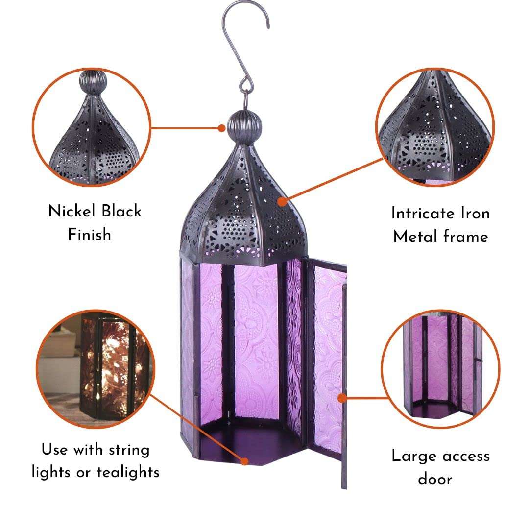 Behoma Moroccan Lanterns for Home Decoration Purple and Blue Textured Glass | Showpiece for Home Decor Living Room Study Room Table Hanging Lantern Lamp | Set of 2 Nickle Black Small 6
