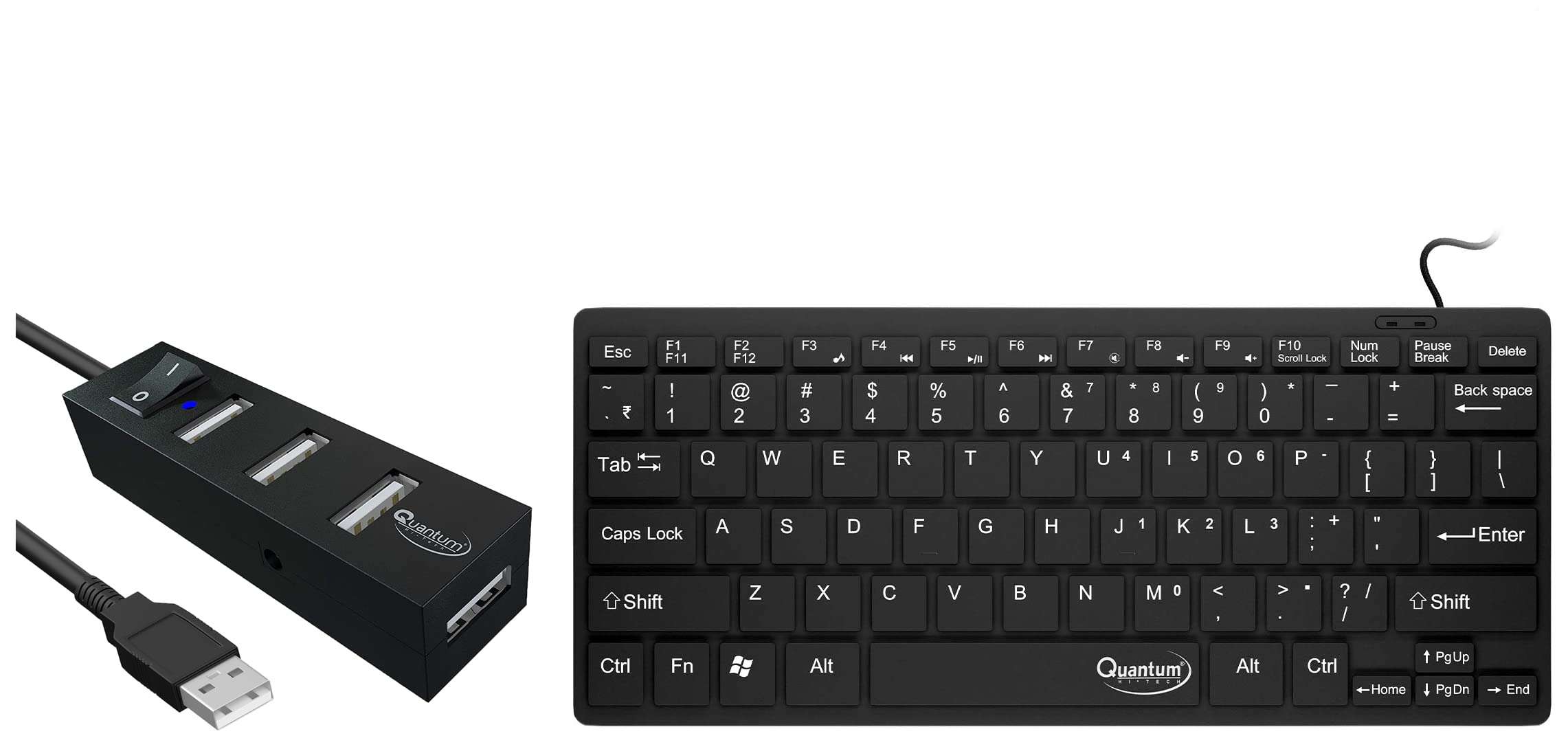 Quantum QHM7307 Mini Spill-Resistant USB Wired Slim Keyboard with Chocolate Keys & QHM6660 4 Port Hi-Speed USB Hub with Power Switch (Multicolor) 1