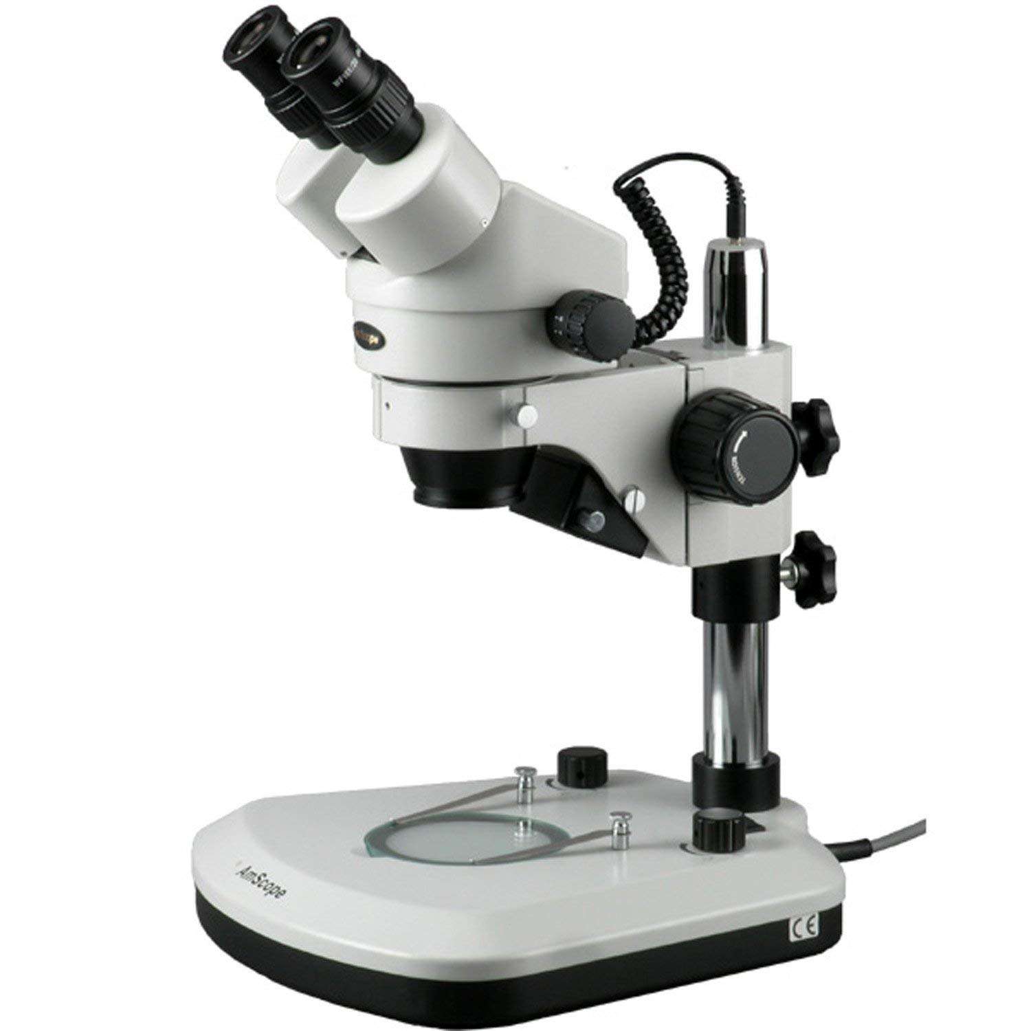 AmScope SM-1BX-PL Professional Binocular Stereo Zoom Microscope, WH10x Eyepieces, 3.5X-45X Magnification, 0.7X-4.5X Zoom Objective, Upper and Lower LED Lighting, Pillar Stand, Includes 0.5x Barlow Lens 1