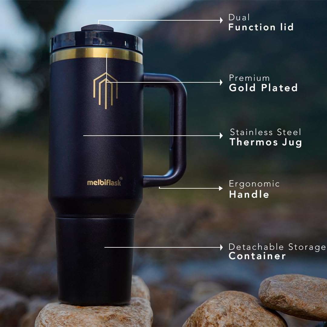 Melbify | 2 in 1 Melbicup Vacuum Insulated Mug with Storage Cup |1200 ML | Gold Rim | Hot 6 Hrs & Cold 12 Hrs | Thermos Mug with Hangle | Dual Sip Lid | Ideal for Travel, Office,Home, Gym & Gifts 4