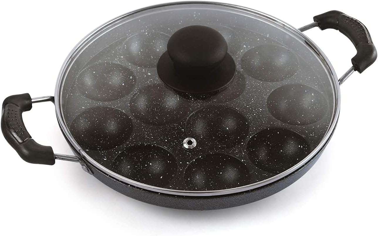 Seven Chakra Tree Non-Stick Appam Aluminium 12 Cavity Appam Patra Paniyarakkal Two Side Handle With Glass Lid, 1 Scrubber, And 1 Picker 3