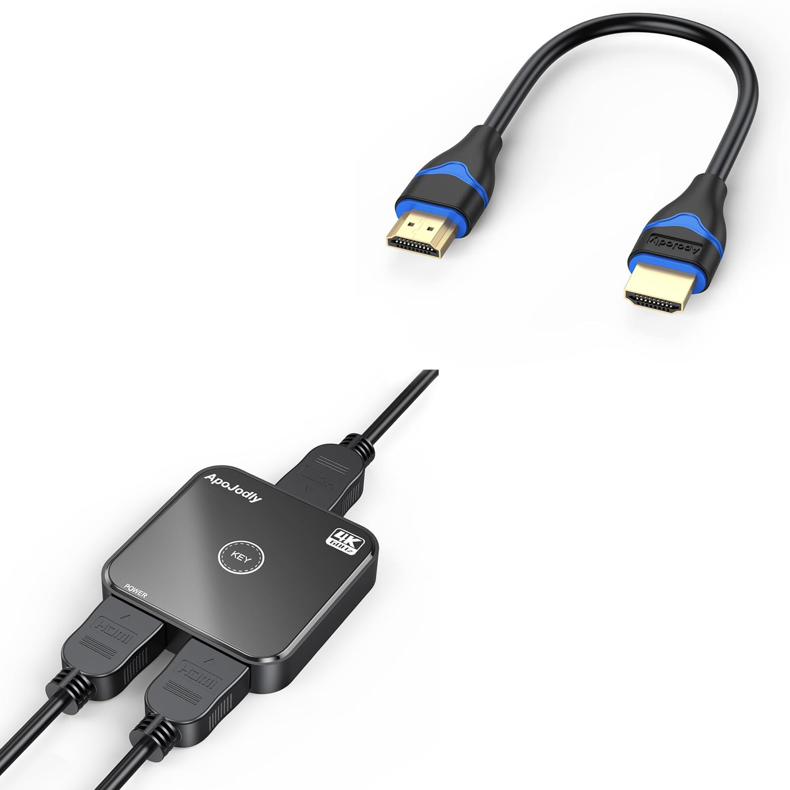 ApoJodly 4K Short HDMI Cable 6 inch + HDMI Switch 2 in 1 Out Bundle, HDMI 2.0 Support 4K@60Hz, 2K@144Hz, 1080P, 18Gbps, HDR, 3D, HDCP 2.2, ARC for HDTV, Switch, PS4/PS5, Xbox, Blu-ray, Monitor