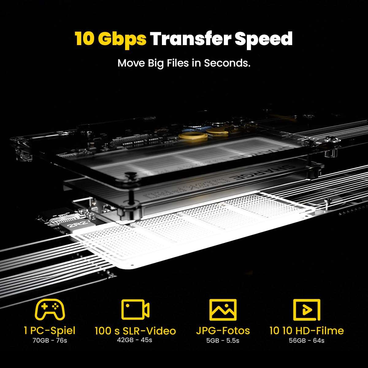 sharge Disk Pro 4TB Portable SSD with Active-Cooling Fan, 4-Port Hub with HDMI 2.1, 10 Gbps Built-in Cable, Magnetic External Solid State Drive for MacBook, PC and More-Yellow 5