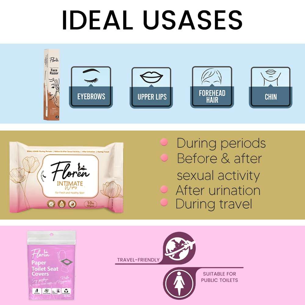 Floren Everyday Grooming & Toilet Hygiene Kit for Women | Smooth Glide Face Razor - Set of 3, Disposable Toilet Seat Cover 20 Sheets & Cleansing Moisturizing Lavender Intimate Wipes - Pack of 1 5