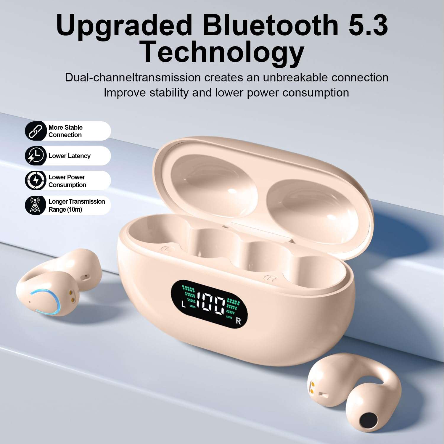 Open Ear Bone Conduction Headphones Wireless Clip On Earbuds with Digital Display Charging Case 60 Hours Playtime Bluetooth 5.3 Sport Earphones Built-in Mic IPX7 Waterproof for Running（Khaki Color） 3