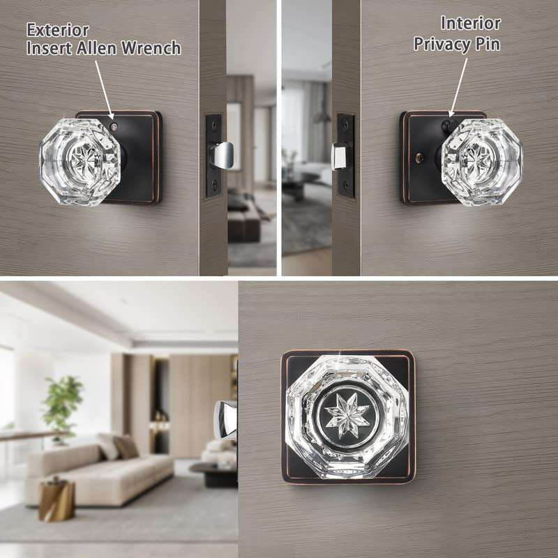 KNOBWELL 5 Pack Privacy Glass Door Knobs Interior Oil Rubbed Bronze, Keyless Door Knob with Lock Bedroom, Octagon Indoor Door Knob Set 2