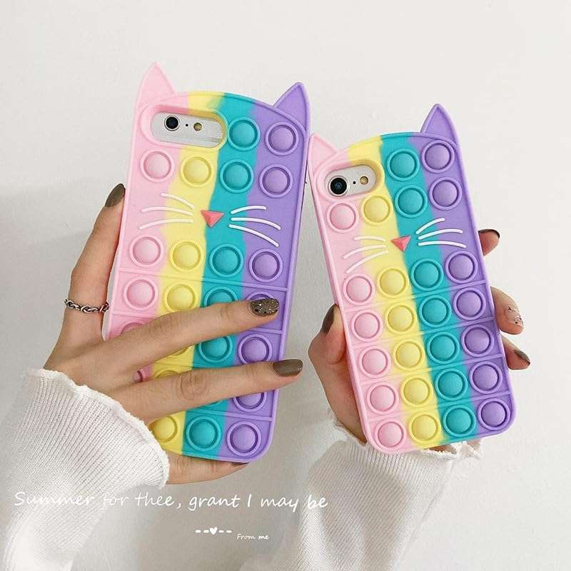 RM® Pop It Rainbow Cat Phone Case for iPhone SE 2020, Stress Relief Push Pop Bubble 3D Cartoon Funny Kawaii Cute Fun Soft Silicone Design Cover, Multicolor 3