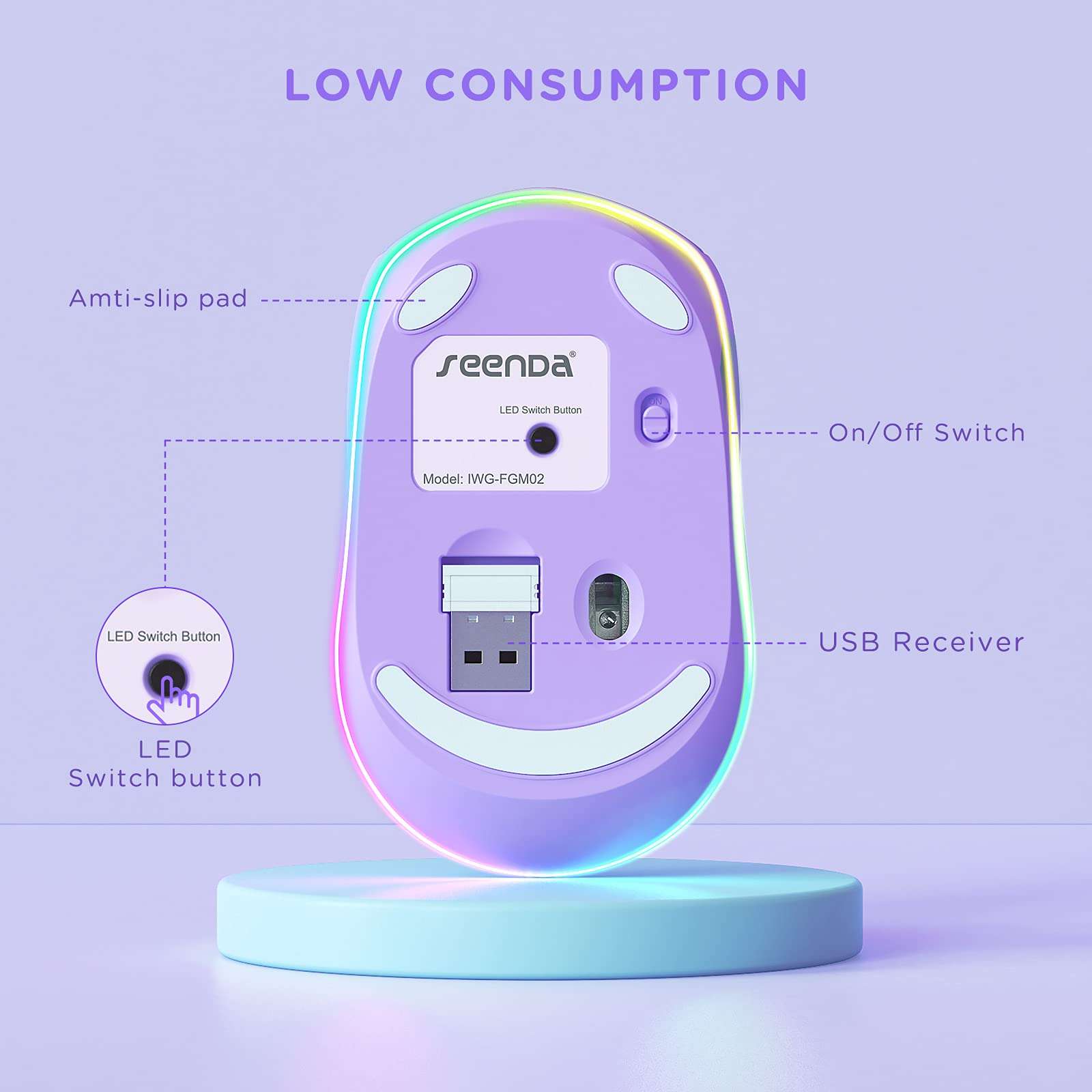 seenda Wireless Mouse, Rechargeable Light Up Mouse for Laptop, Small Cordless Mice with Quiet Click LED Rainbow Lights for PC Computer Kids Chromebook Windows Mac, Purple 2