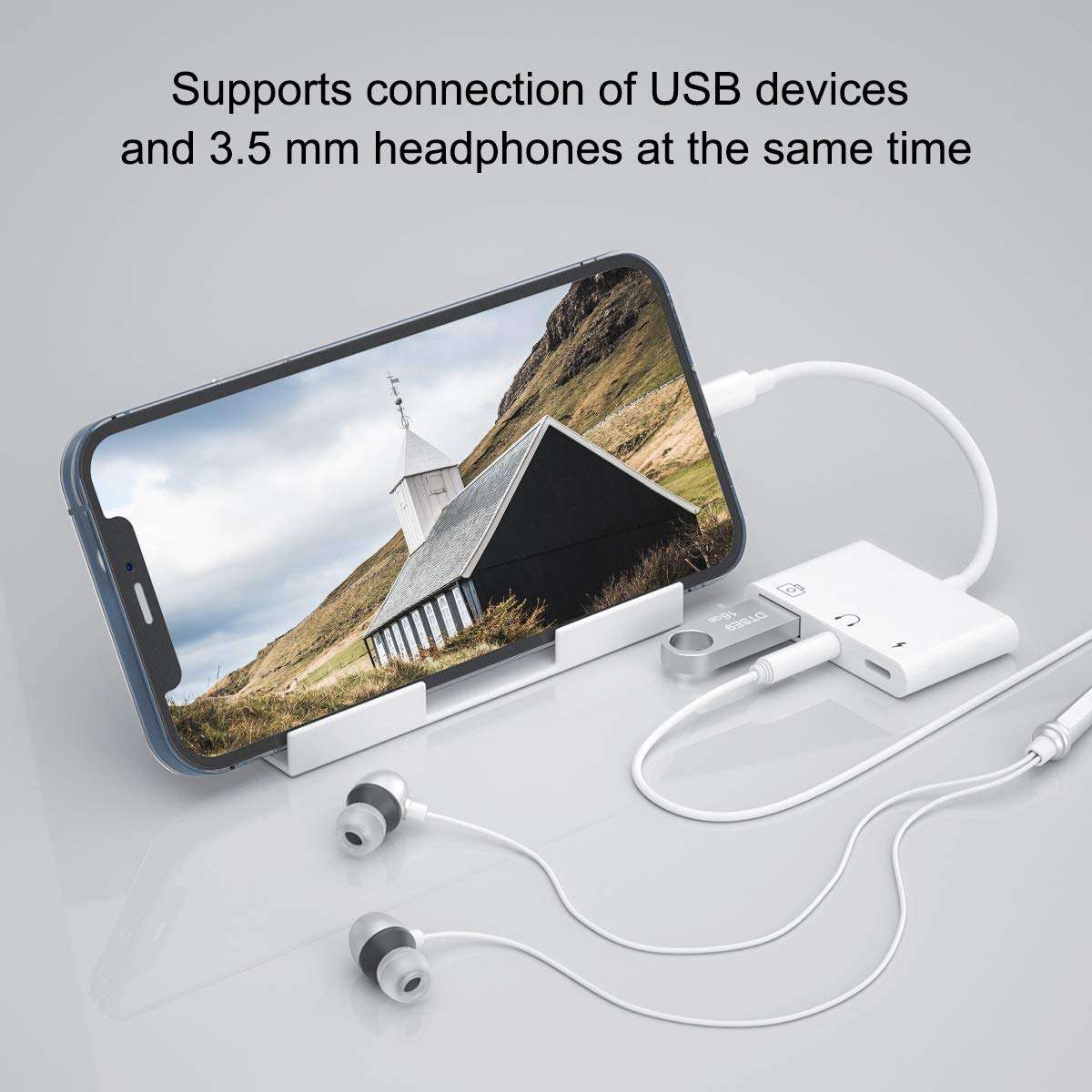 LXJTHT USB Adapter for iPhone, 3 in 1 USB OTG Adapter with Charging Port and 3.5 mm Headphone Jack Compatible with iPhone 13/12/11 Pro/X/8/7, Support Hub, MIDI Keyboard, Camera, Card Reader 2