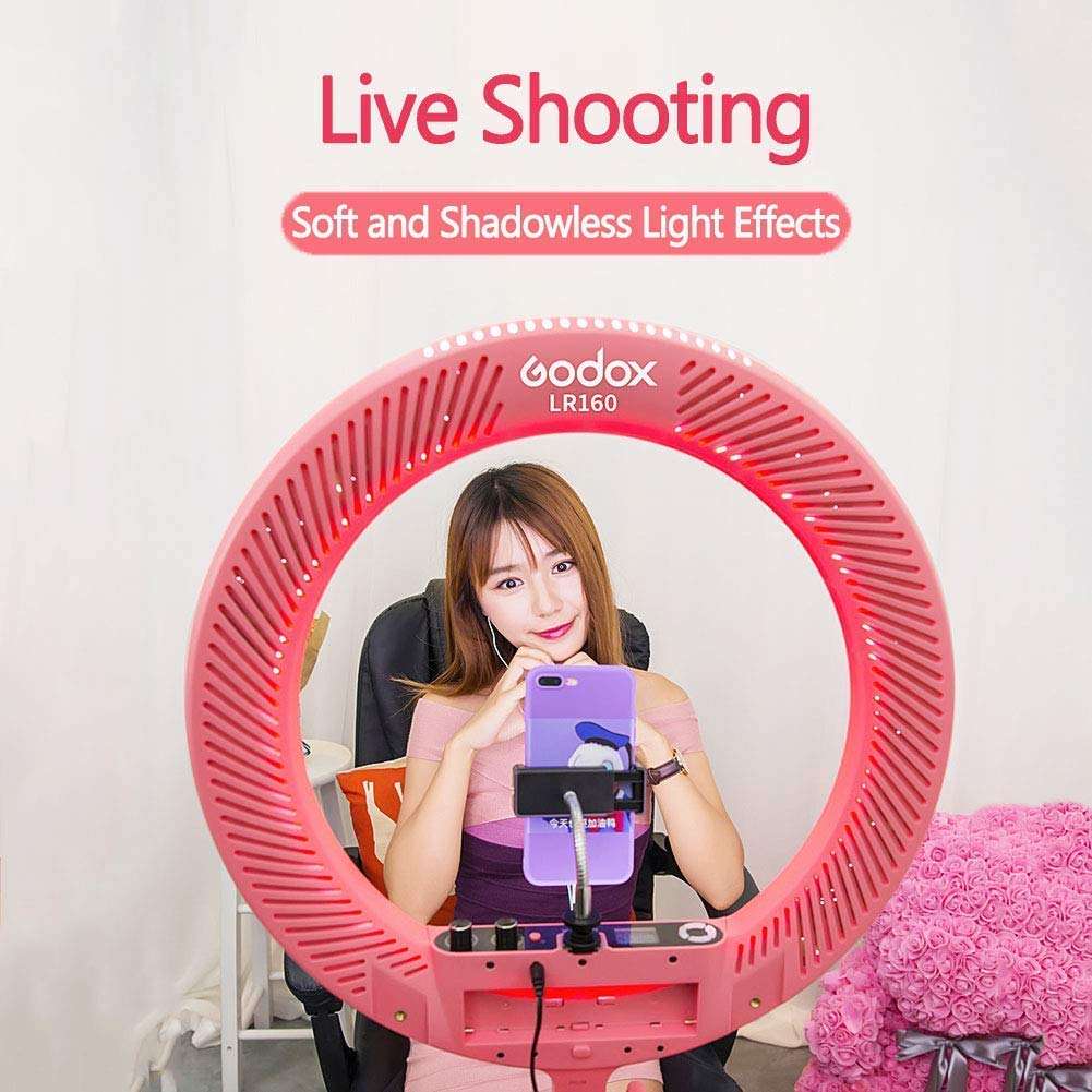 GODOX LR160 Ring Lamp Light Dimmable Continuous Lighting Kit for Make Up, Smartphone, YouTube, Live, Vine Self-Portrait Video Shooting 18W 3300K-8000K Color Temperature (Pink) 4