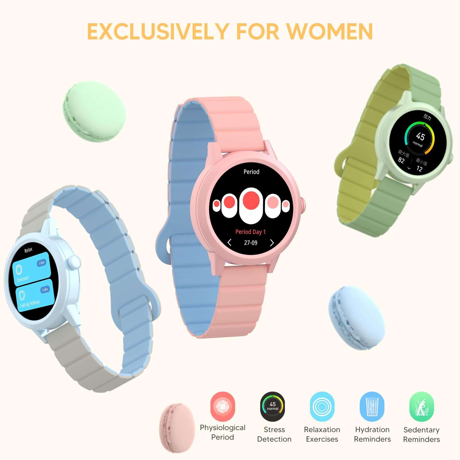 KAVVO Macaron 36mm Round Stylish Watch, 1.106'' AMOLED Retina Screen, Always-on Display, Silicone Magnetic Suction Strap, Female Health Record, Waterproof(Sakura Pink) 4