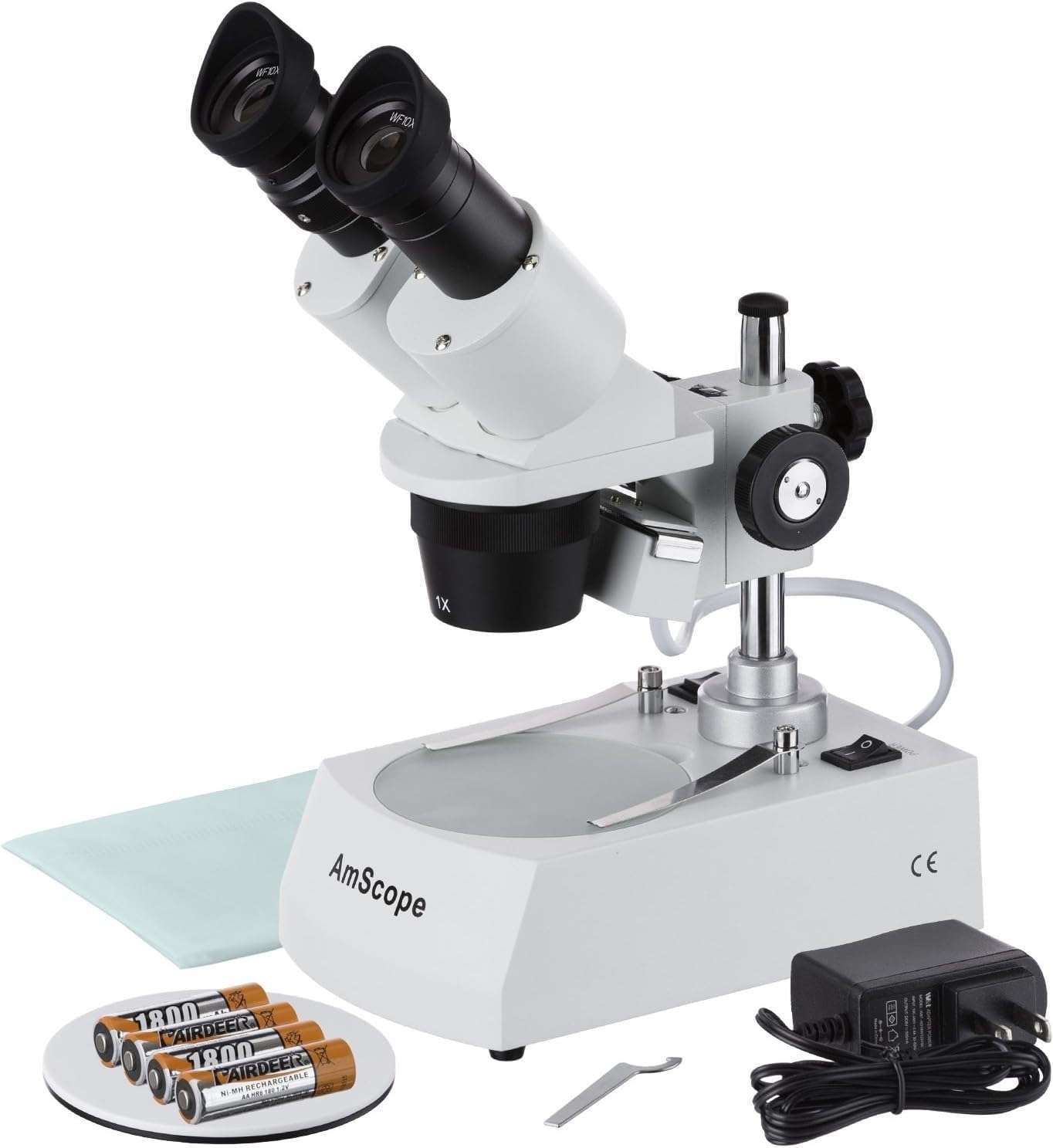 AmScope SE305R-P-LED Forward-Mounted Binocular Stereo Microscope, WF10x Eyepieces, 10X and 30X Magnification, 1X and 3X Objectives, Upper and Lower LED Lighting, Reversible Black/White Stage Plate, Pillar Stand, 120V or Battery-Powered 1