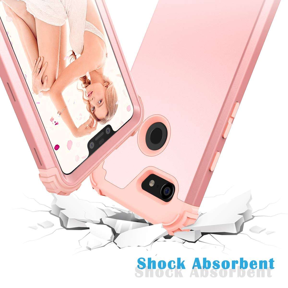 Casetego Compatible with Google Pixel 3 XL Case,Three Layer Heavy Duty Hybrid Sturdy Shockproof Protective Cover Case for Google Pixel 3 XL,Rose Gold 4