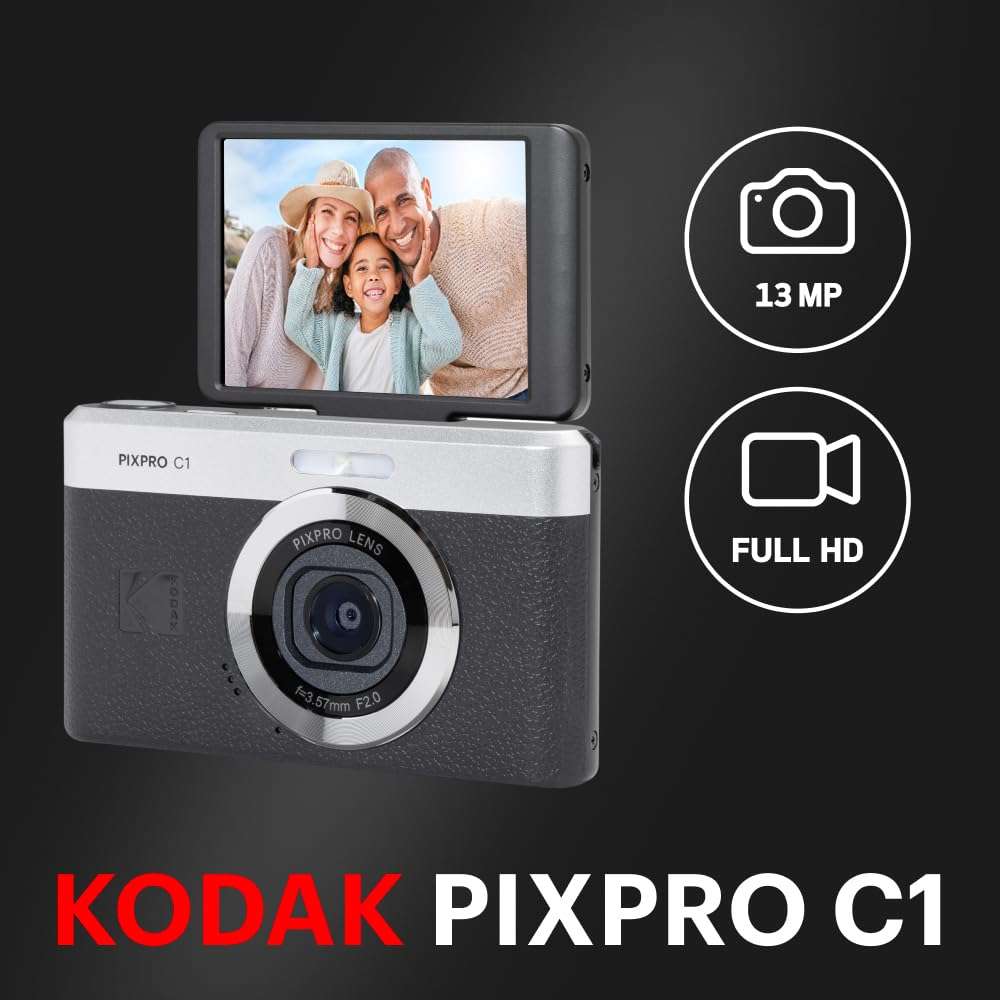 KODAK PIXPRO C1 Friendly Zoom Digital Camera - 13MP Compact Point and Shoot with 2.8” 180° Tilt LCD Flip Screen, Retro Vintage Design with 4X Zoom and 1080P Full HD Video for Travel, Vlogging, Black 3