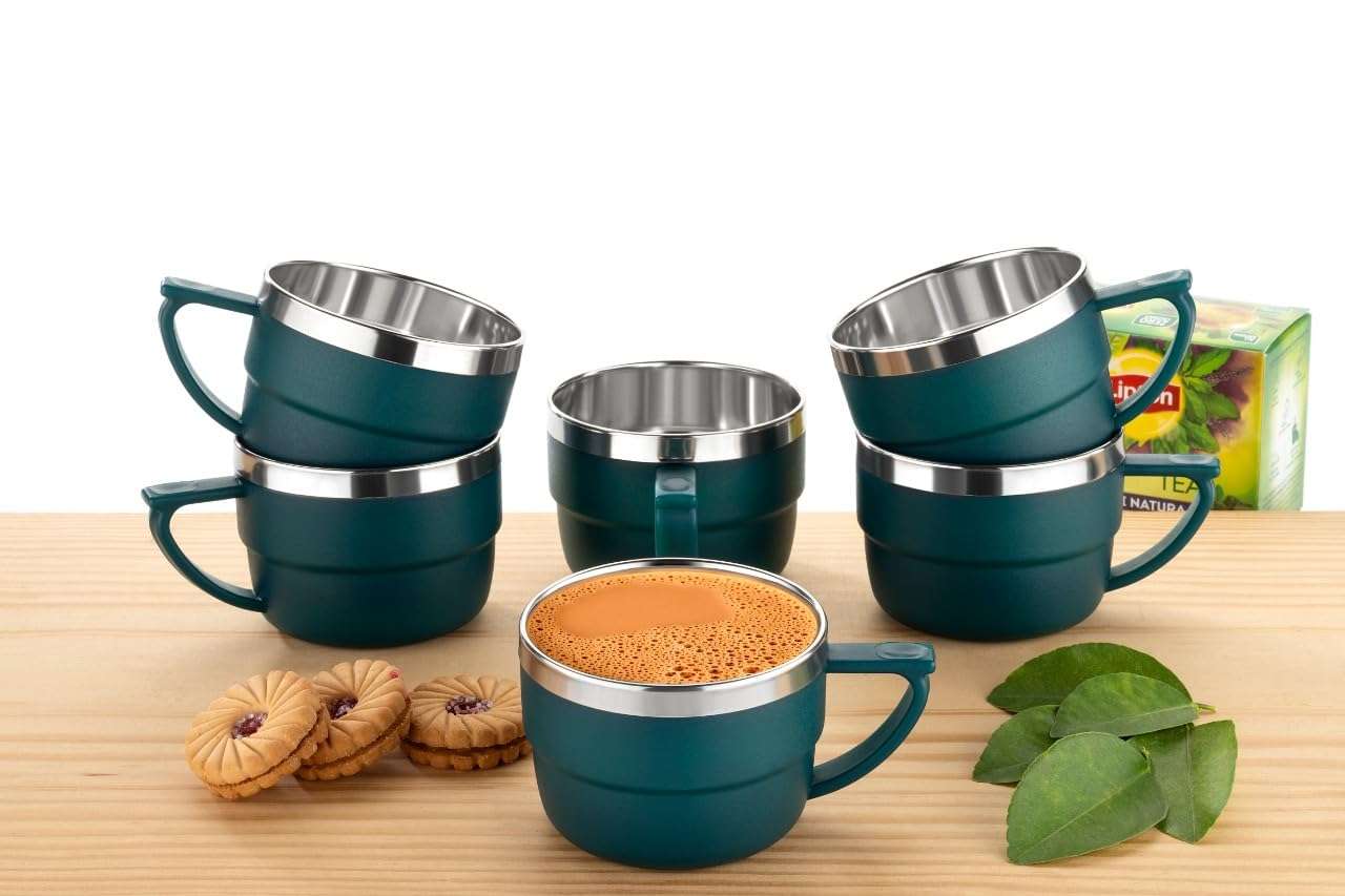 HAPPI Tea Cups Set Coffee Mug Insulated Stainless Steel Inner Stylist Double Wall Cup for Home Office Restaurant Use Tea Mugs Set of 6 (Bottle Green) 3