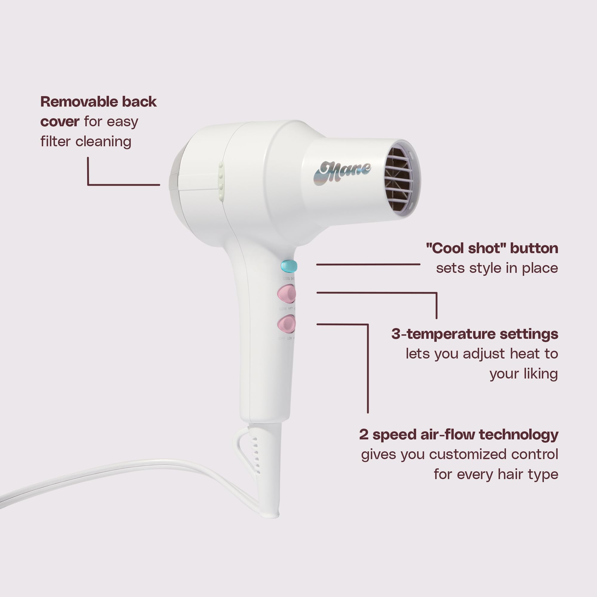 Mane Blowout Set – Ionic Compact Hair Dryer with Diffuser, Wide Tooth Comb & Nozzle + 33mm Ceramic Round Brush for Voluminous, Frizz-Free Blowouts 3