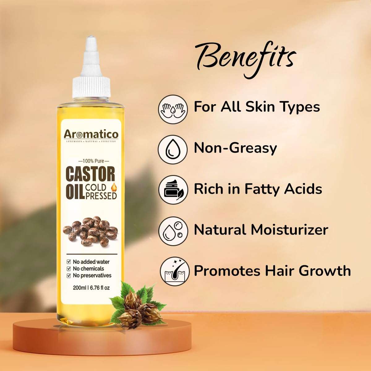 AROMATICO 100% Pure Cold-Pressed Castor Oil - 200ml. Promotes hair growth & hair health. Moisturizes Skin, Helps Reduce Wrinkles. Virgin Grade. For All Hair & Skin Types. 4