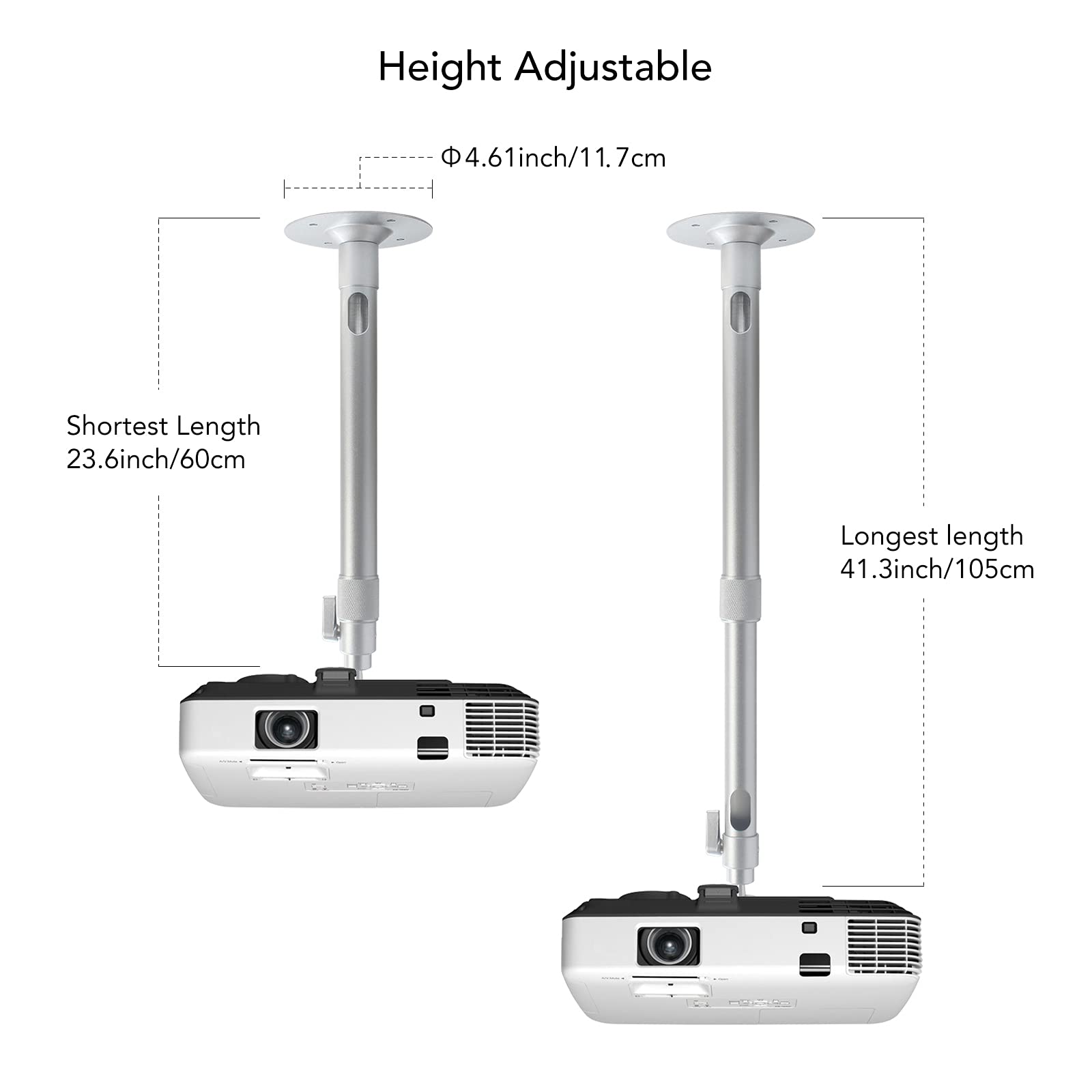 Universal Ceiling Projector Mount 23.6-41.3inch Silver Height Adjustable Wall Mount 360°Rotation Extendable Projector Hanger Long Projector Bracket Multifunctional for Projectors CCTV DVR Camera 3