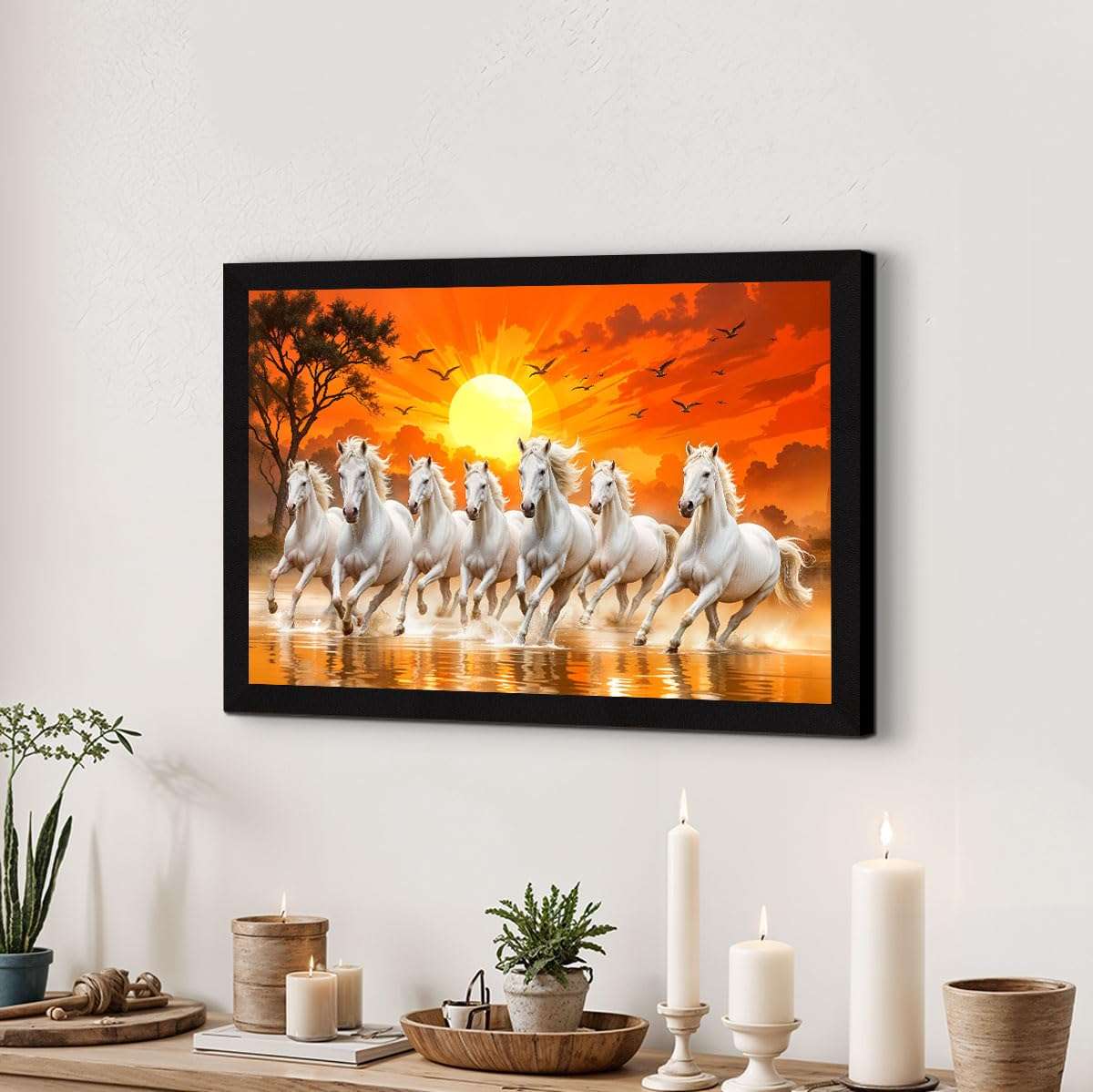 ArtX Paper 7 Horses Vastu Frame Wall Art Painting, White Running Horses On Water Painting Vastu Rising Sun Wall Decor, Multicolor, Nature, 18.0 X 12.0 inches, Set of 1 6