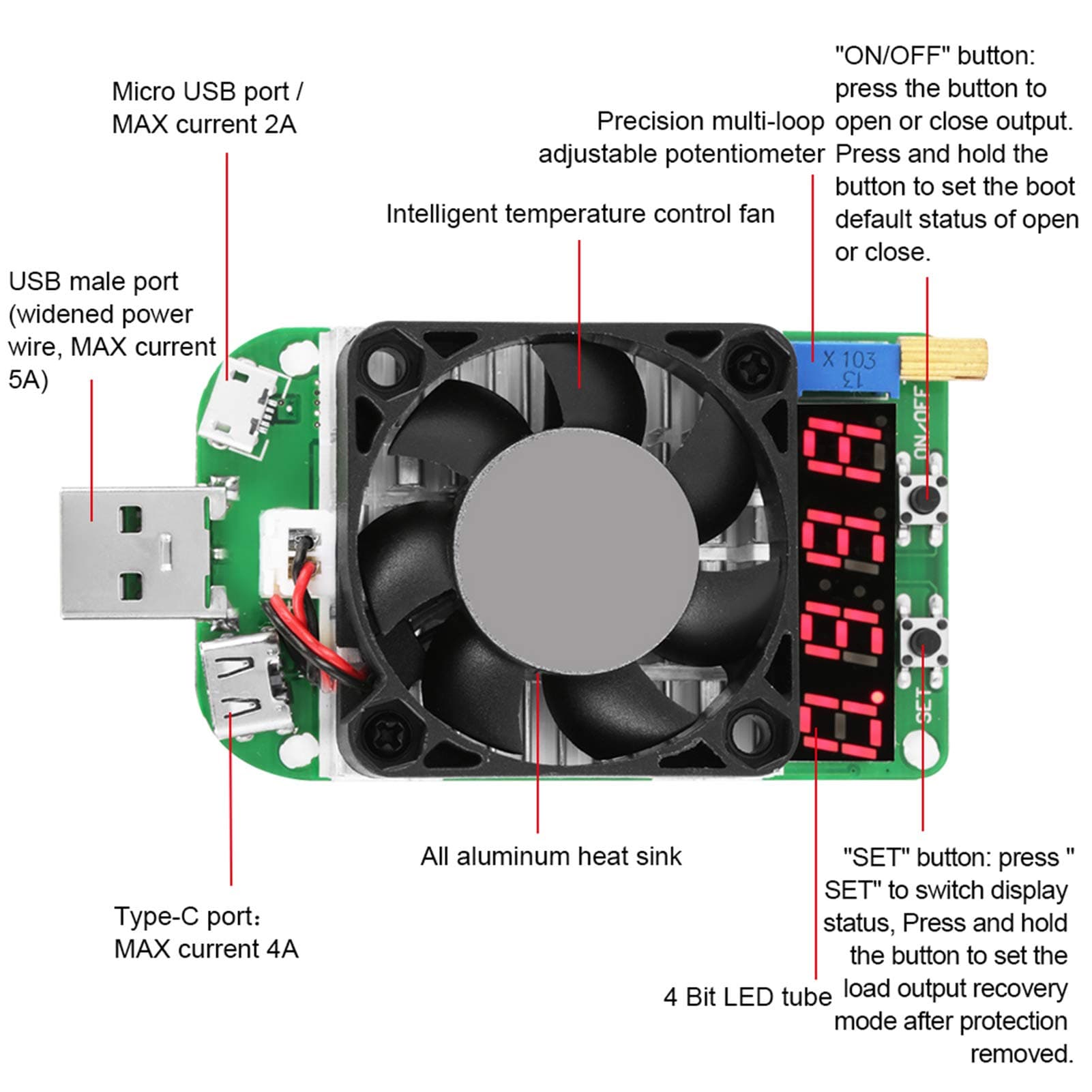 Electronic Test Load, USB Load Voltage Testers LD35 USB Electronic Load Digital Display Battery Test Adjustable Resistor Voltage Current Meter 5