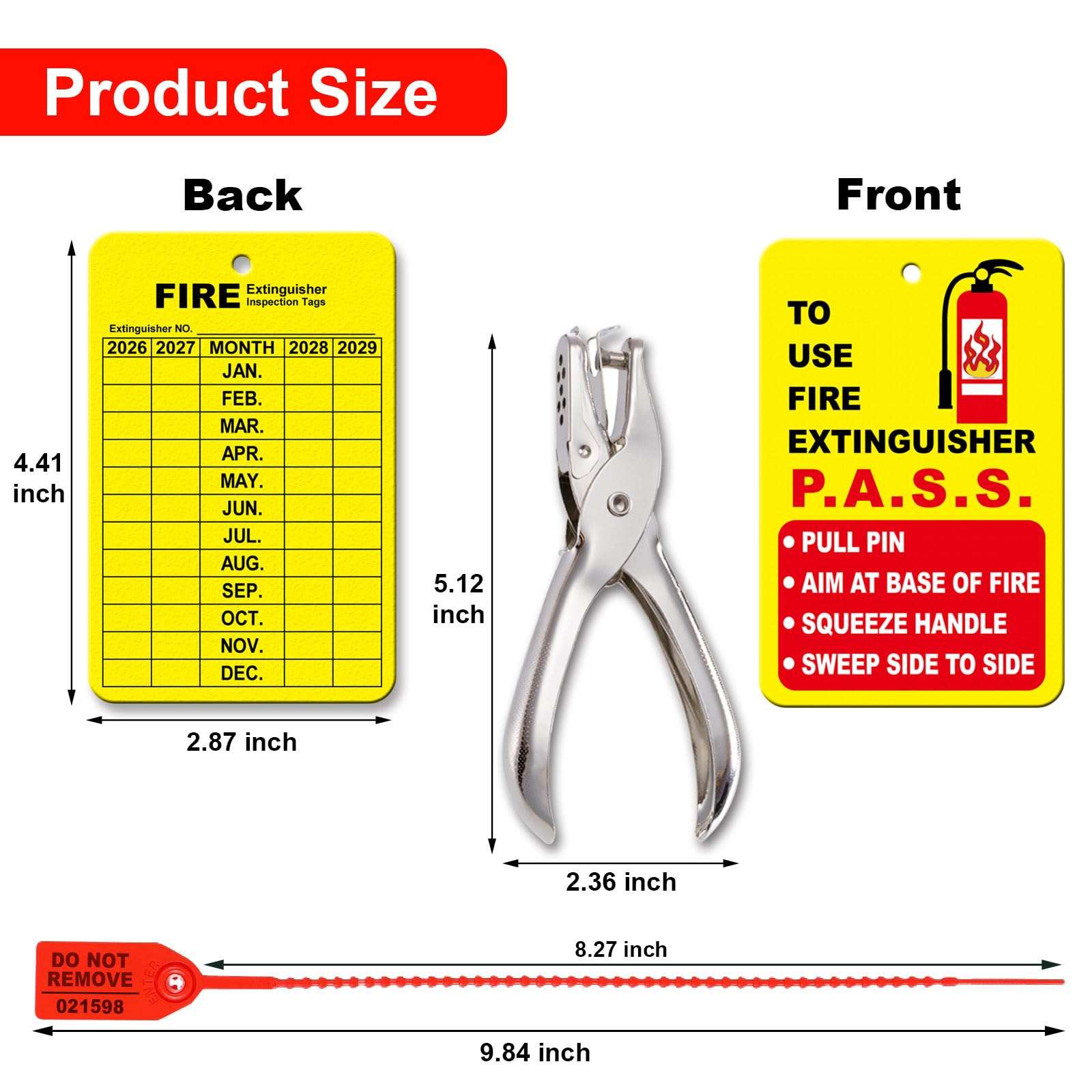 30 Sets Fire Extinguisher Tags Monthly Inspection Tear-Resistant Numbered Plastic Tamper-Evident Cable Ties Easy to Punch Includes Handheld Hole Puncher- Red 3
