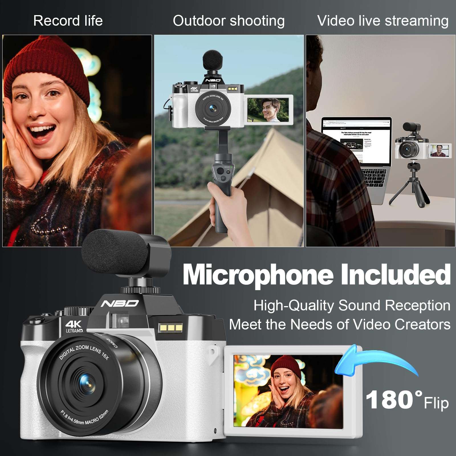 Digital Cameras for Photography,4K Vlogging Cameras for YouTube,Travel Point and Shoot Digital Cameras Fotograficas with 180°Flip Screen,16X Digital Zoom,52mm Macro Lens,2 Batteries（White） 5