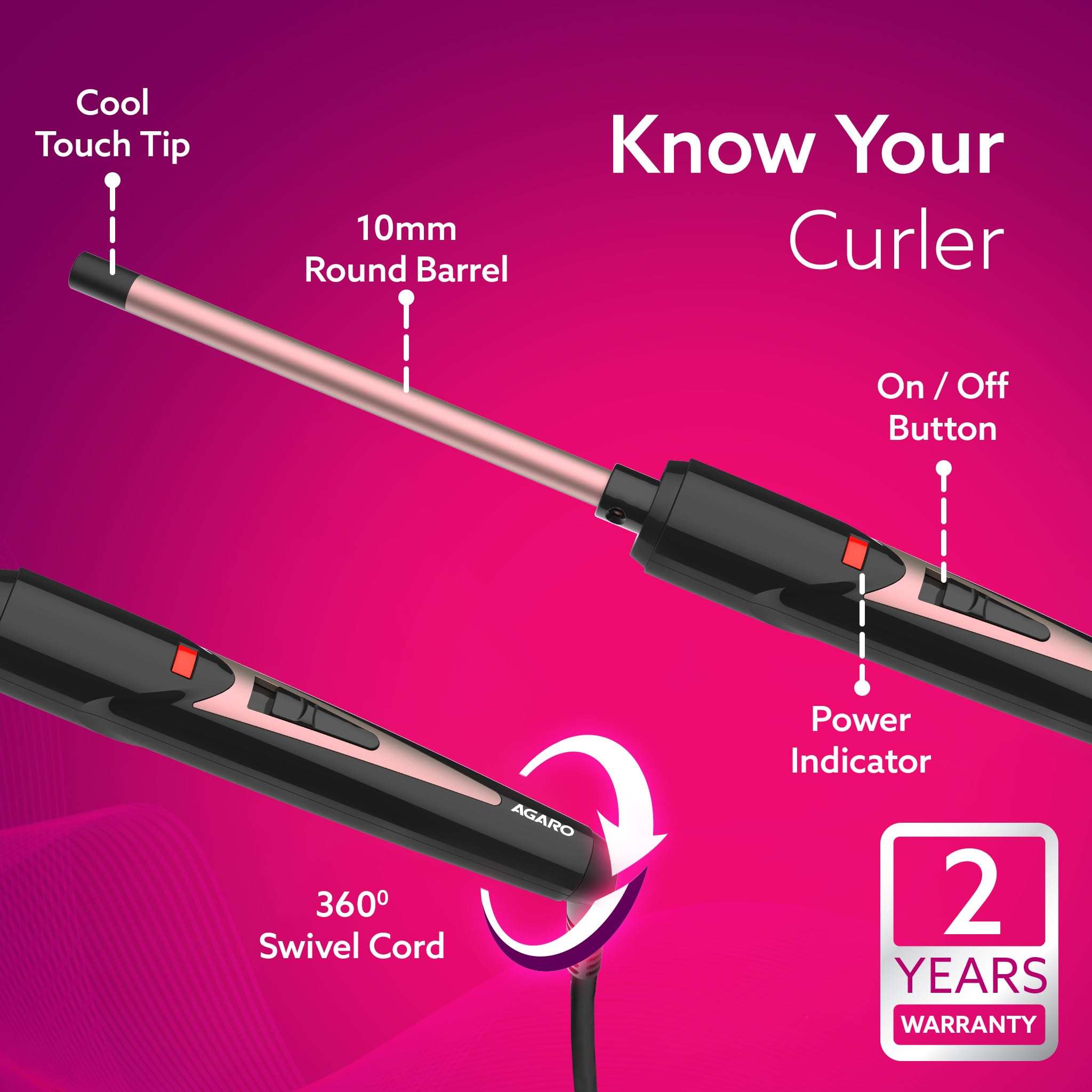 AGARO Round Chopstick Curler, With 10 MM Barrel, Rod, Tong, Chopstick Round Hair Curler, Ceramic Coated Plates, Cool Touch Tip, Fast Heating, For Men Women, Maggie Curl, Styling (HC7017, Rose Gold & Black). 6