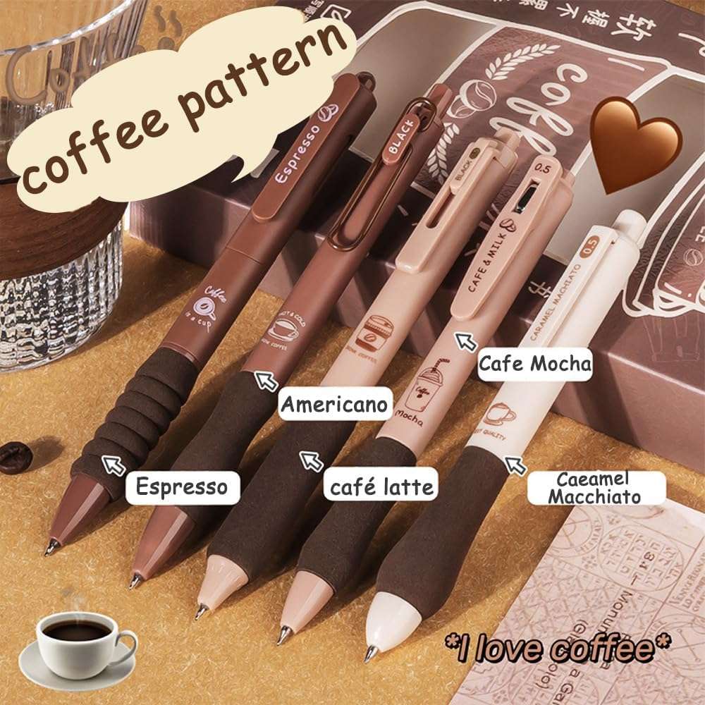 COOFANDY Coffee Theme 5Pcs Cute Gel Pens, Retractable Quick Dry Blue Ink Gel Pens 0.5mm Kawaii Fine Point Smooth Writing Pens for Journaling Note Taking Aesthetic Pens for Office School Supplies 6