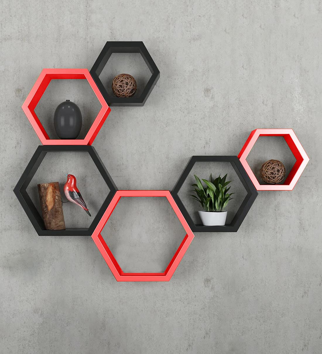Hoopy Wall Mounted Hexagon Shape Wooden Wall Shelves for Wall Decor Set of 6 (Red and Black)