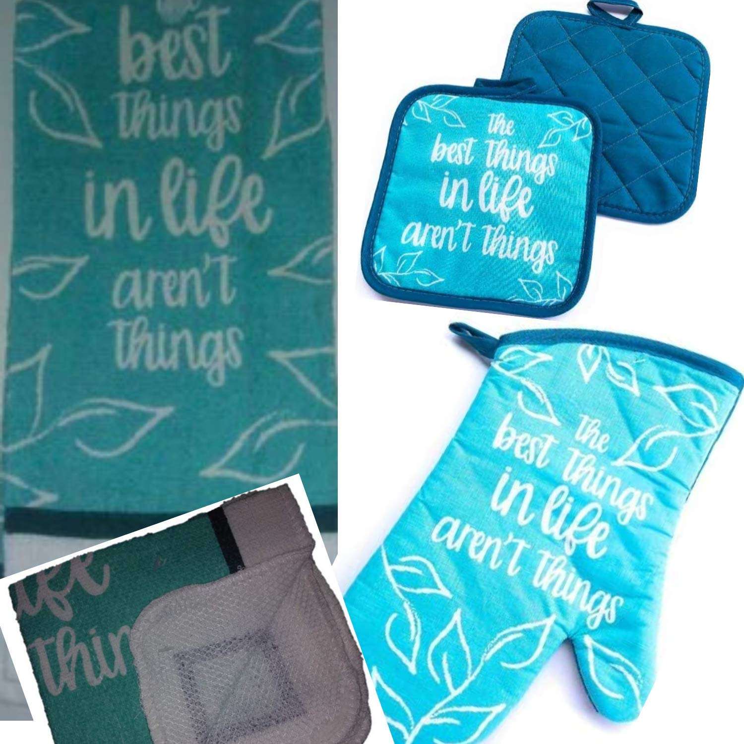 Oven Mitts - Potholder Dish Scrubber Towel Linen Set (6 Pieces) Inspirational Design Includes 1 Towel 2 Dish Clothes 2 Potholders 1 Oven Mitt - Motivational Linen Set - Kitchen Decor 1