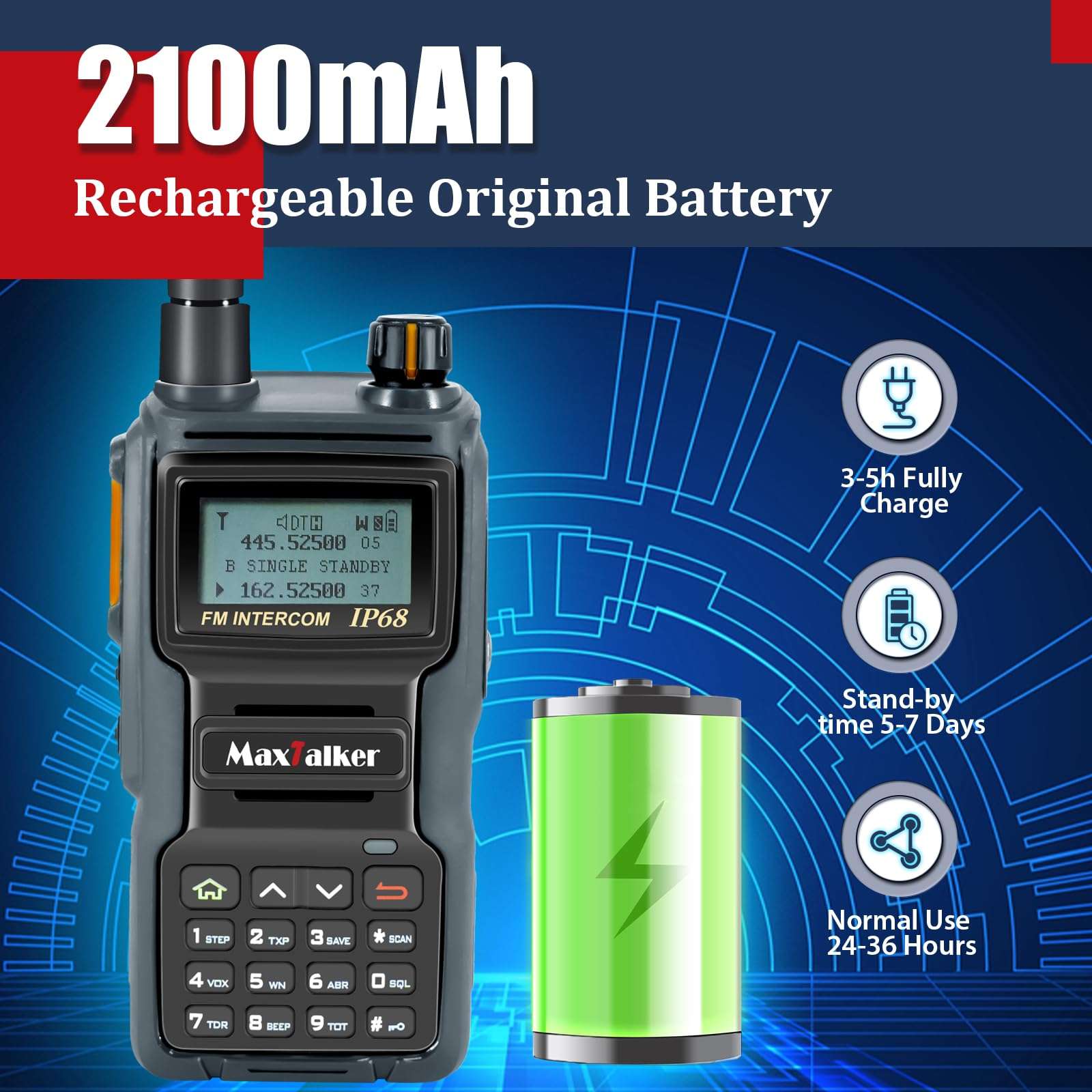 MaxTalker TK-W70 Ham Radio Long Range 10W, GMRS Handheld Radio with Programming Cable, Multi-Band Two Way Radio with 2100mAh Battery, NOAA, IP68 Waterproof Ham Radio 6