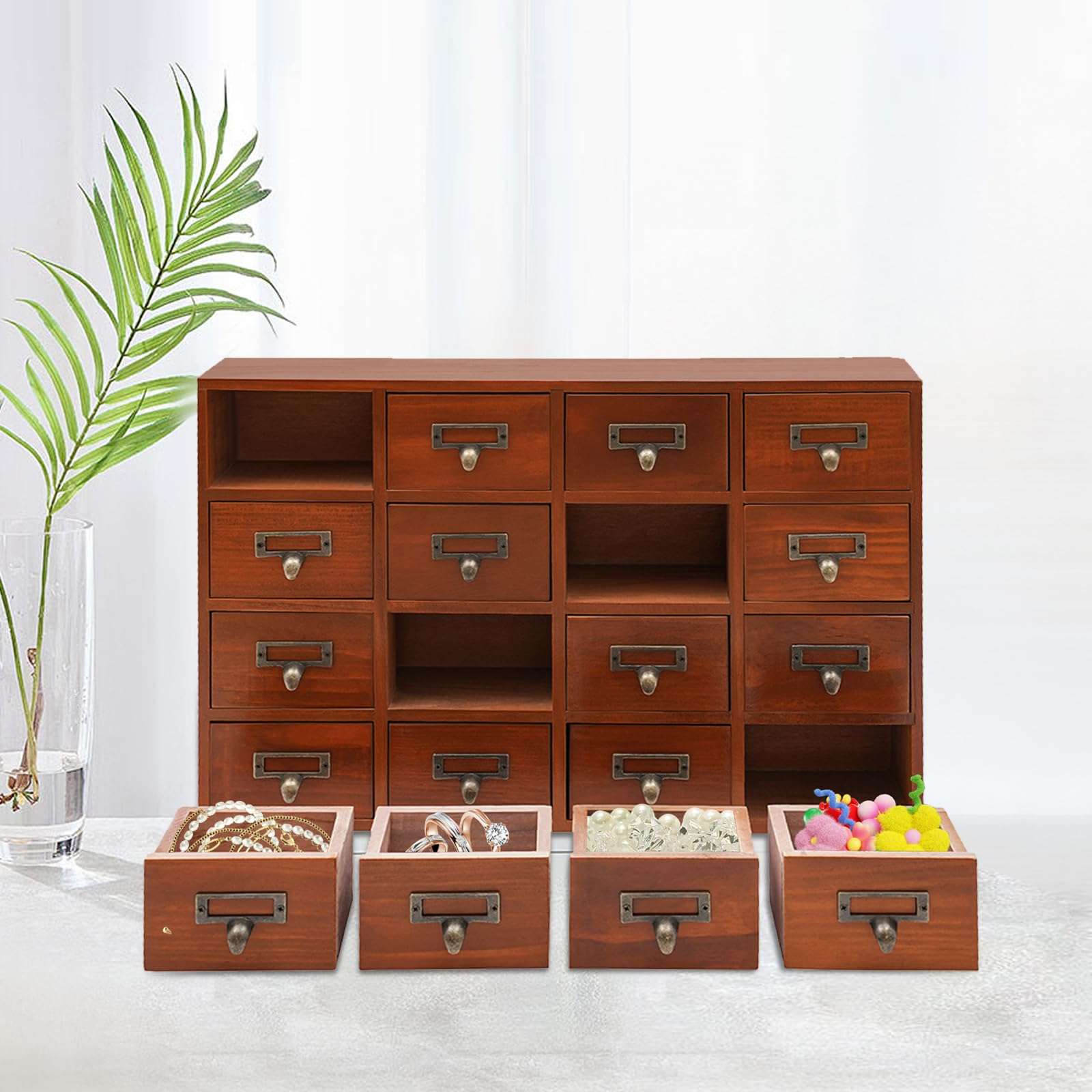 16-Drawer Wood Desk Organizer, Desktop Drawer Tabletop Storage Organization Box with Label Slot for Home Office Pharmacies, No Assembly Required, 19.69 * 3.94 * 13.78in 4