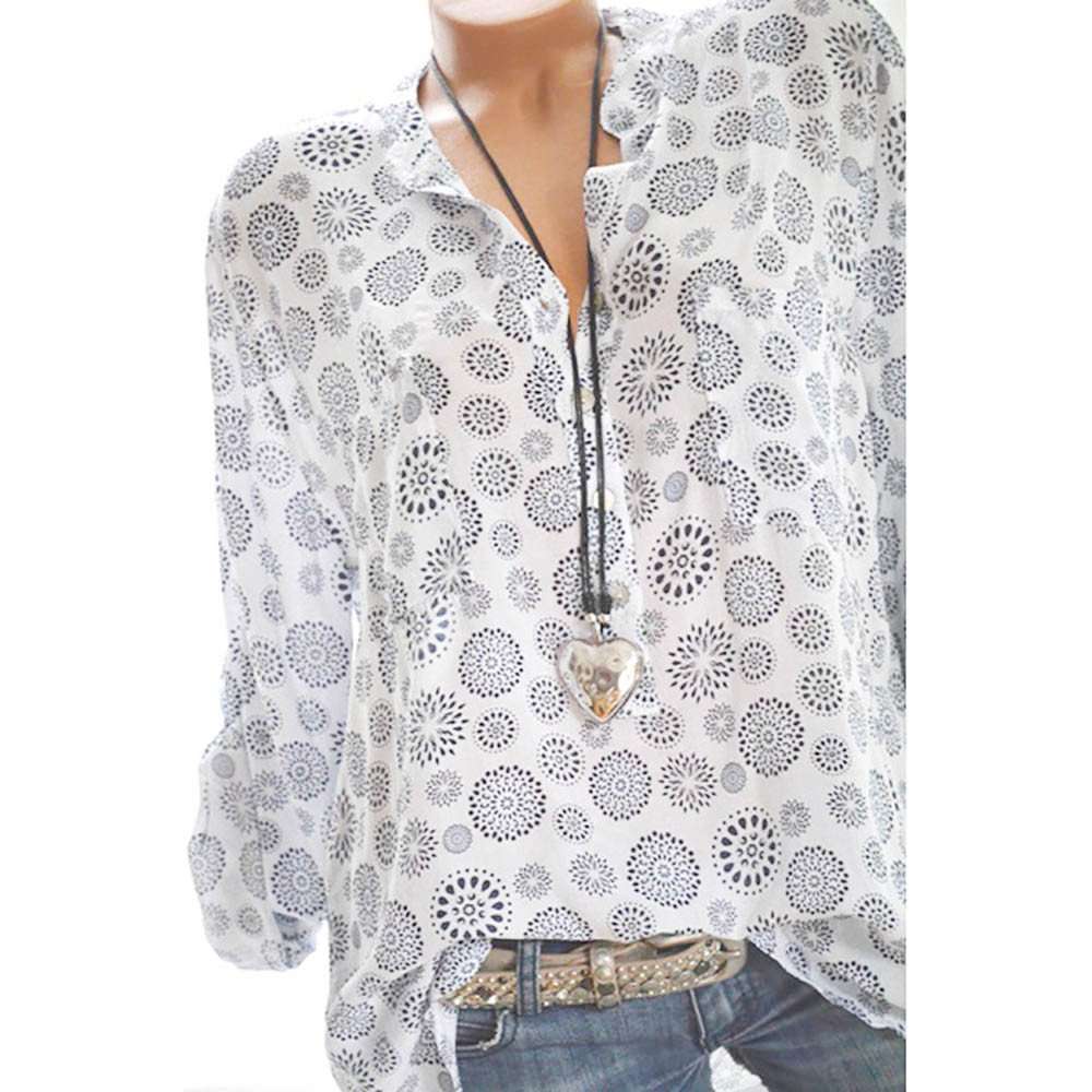 Blouse for Women Long Sleeve Kimloog Women Plus Size Print Long Sleeve Polka Dot Button Blouse Pullover Tops Shirt White 2