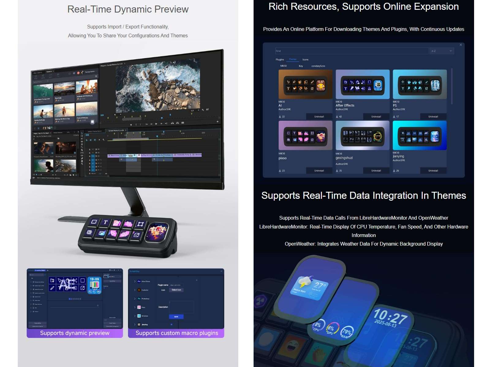 waveshare MK10 Multi-Functional AI Voice Control Panel，10 × 0.85inch Mechanical LCD Keys with a 2.01inch Secondary Screen,Supports Speech Recognition and AI Speech Interaction (Black) 5