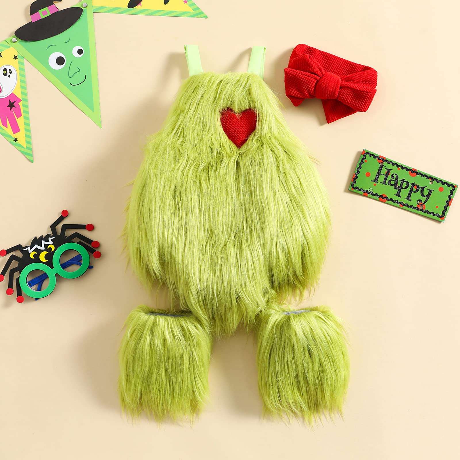 RWYBEIW Christmas Baby Girl Outfit Infant Furry Sleeveless Romper Headband Leg Warmer Green Monster Xmas Cosplay Costume (Green, 6-12 Months) 4