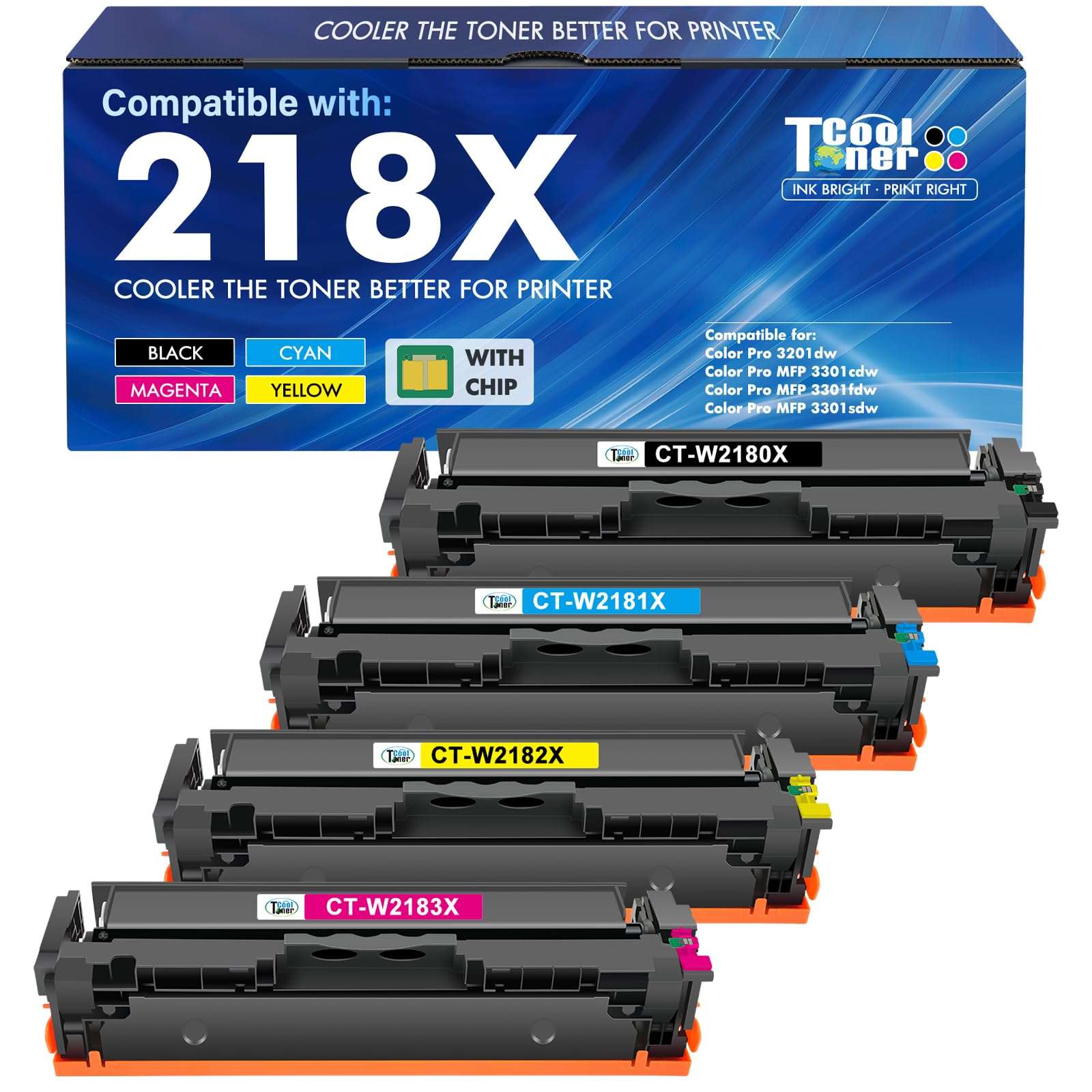 218X Toner Cartridges 4 Pack 3301fdw 3201dw 3301 218A Compatible for HP 218X 218A 218 Color LaserJet Pro MFP 3301cdw 3301sdw Printer Ink Set W2180X High Yield with Chip (Black Cyan Yellow Magenta)