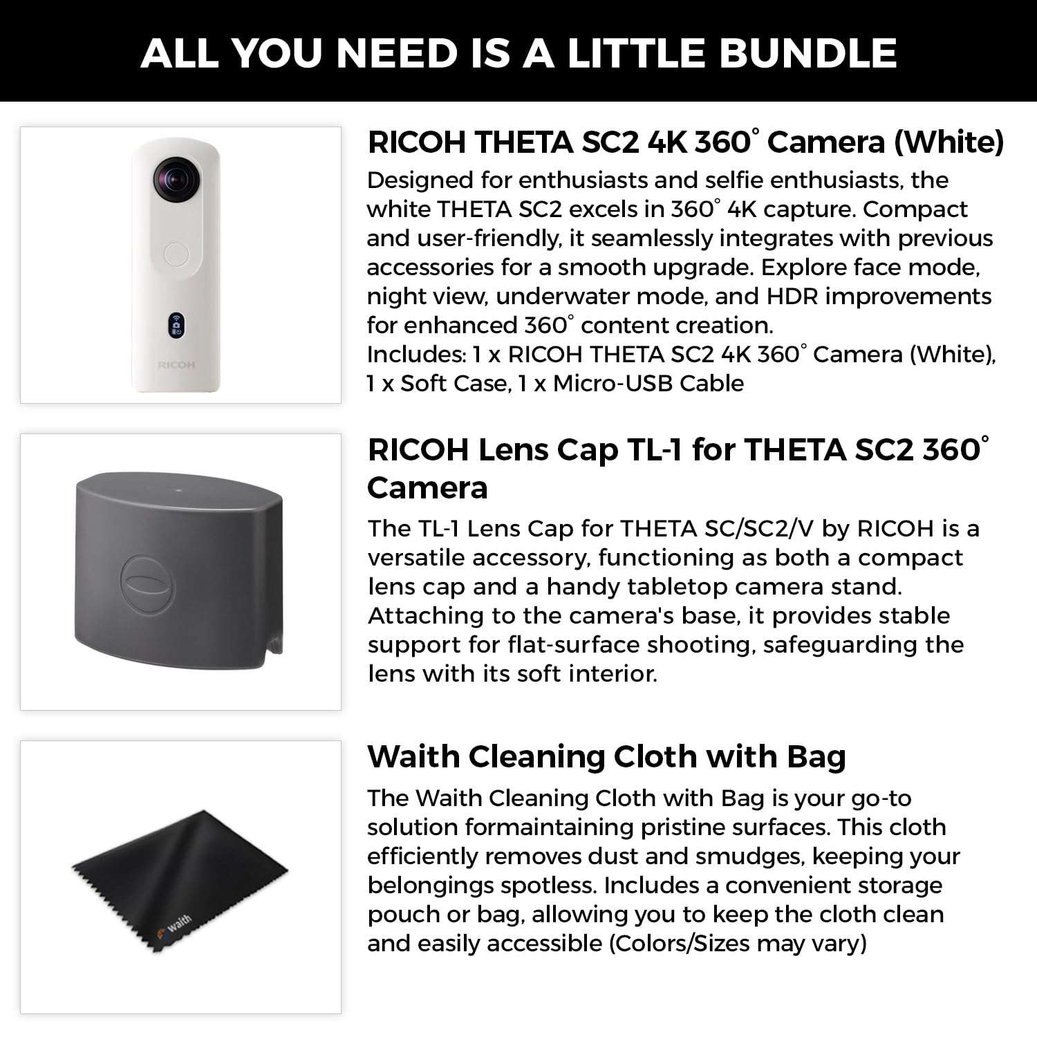 RICOH Theta SC2 4K 360° Spherical Camera (White) Bundle with TL-1 Lens Cap 2