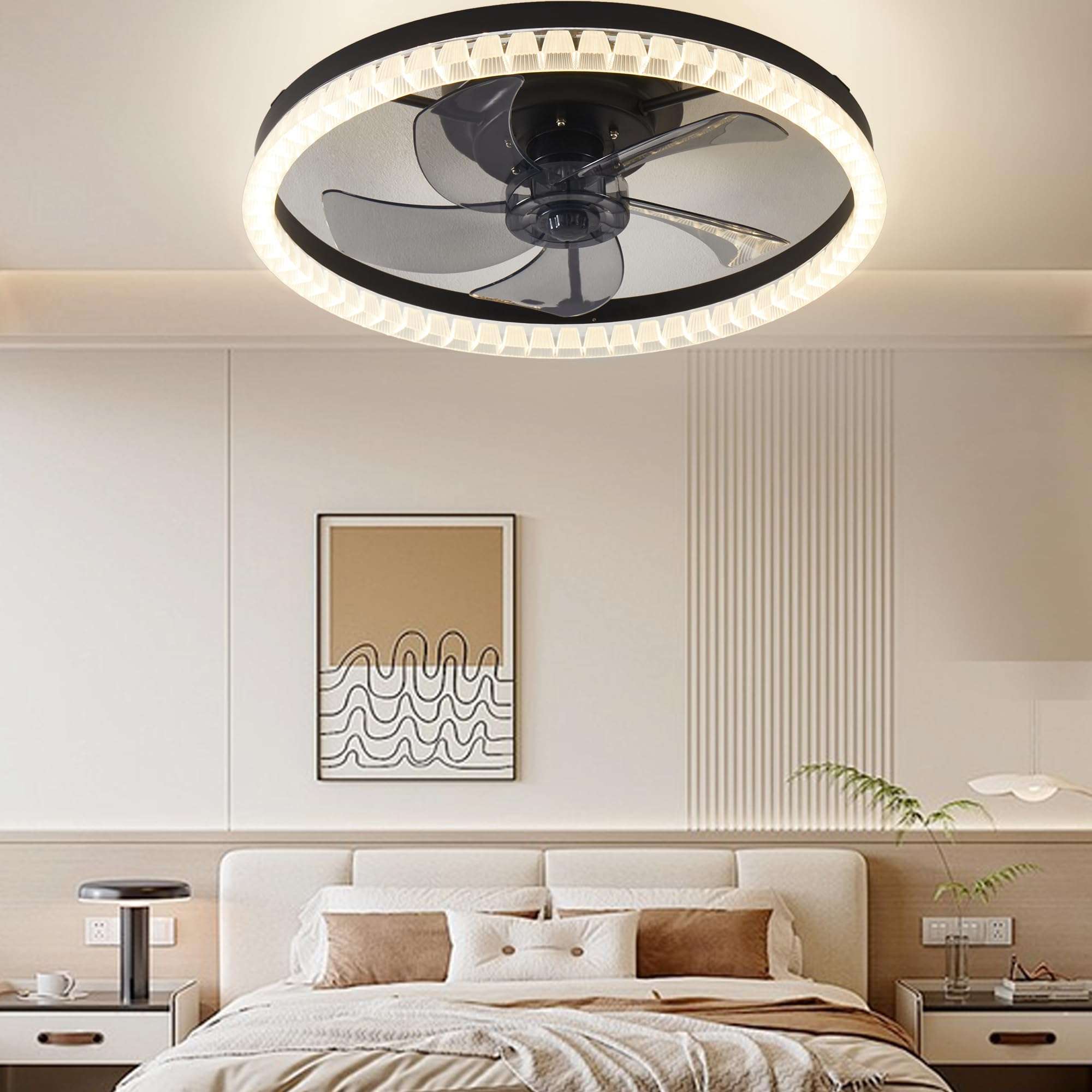 MARKYEE Alexa Modern Ceiling Fan with Light, 3000K-6500K dimmable LED Ceiling Fan Light, Living Room Dining Room Bedroom Round 19.7in/50cm Black 5
